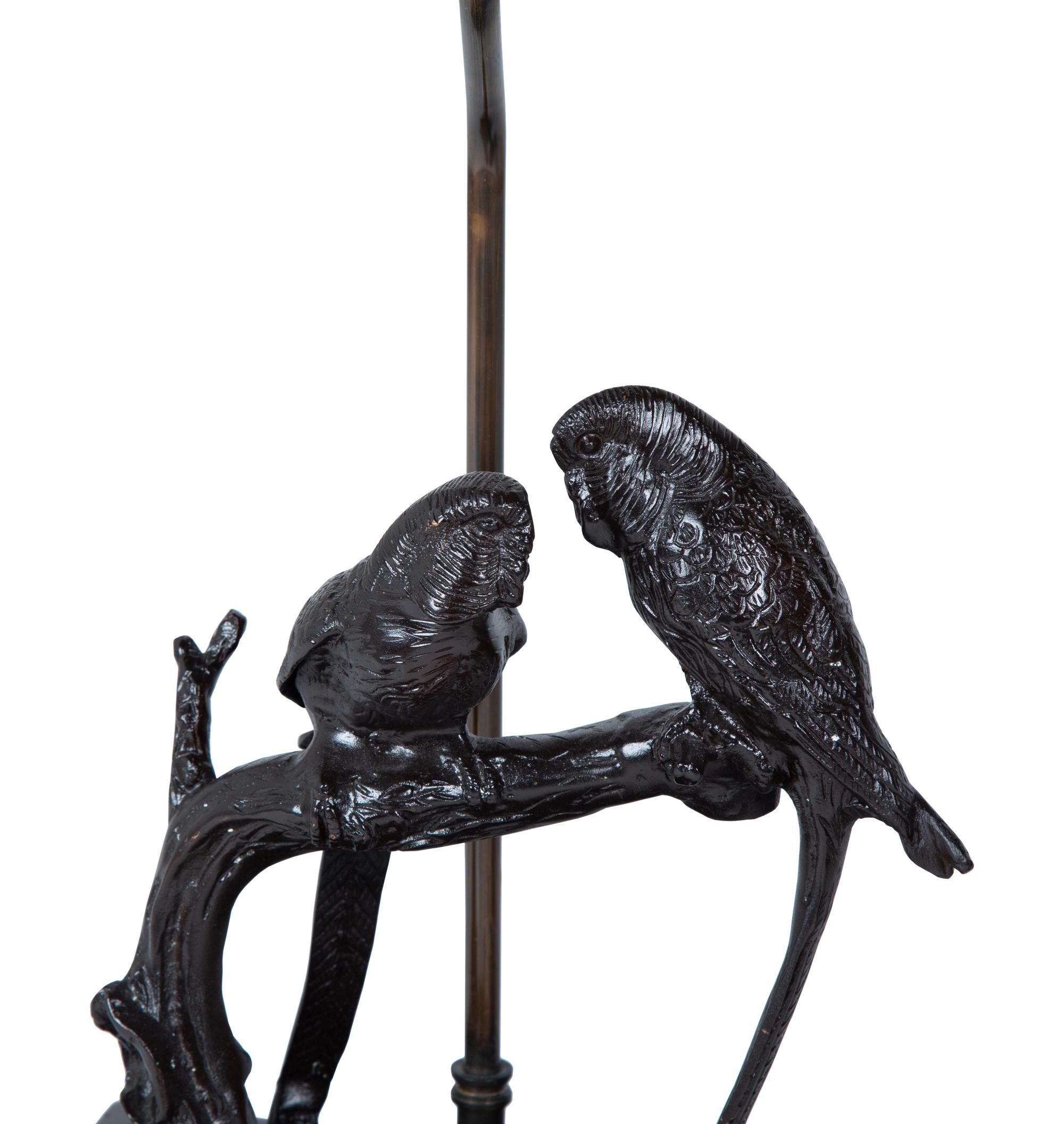 Two Patinated Bronze Lamps with Birds on a Branch — 20TH CENTURY
