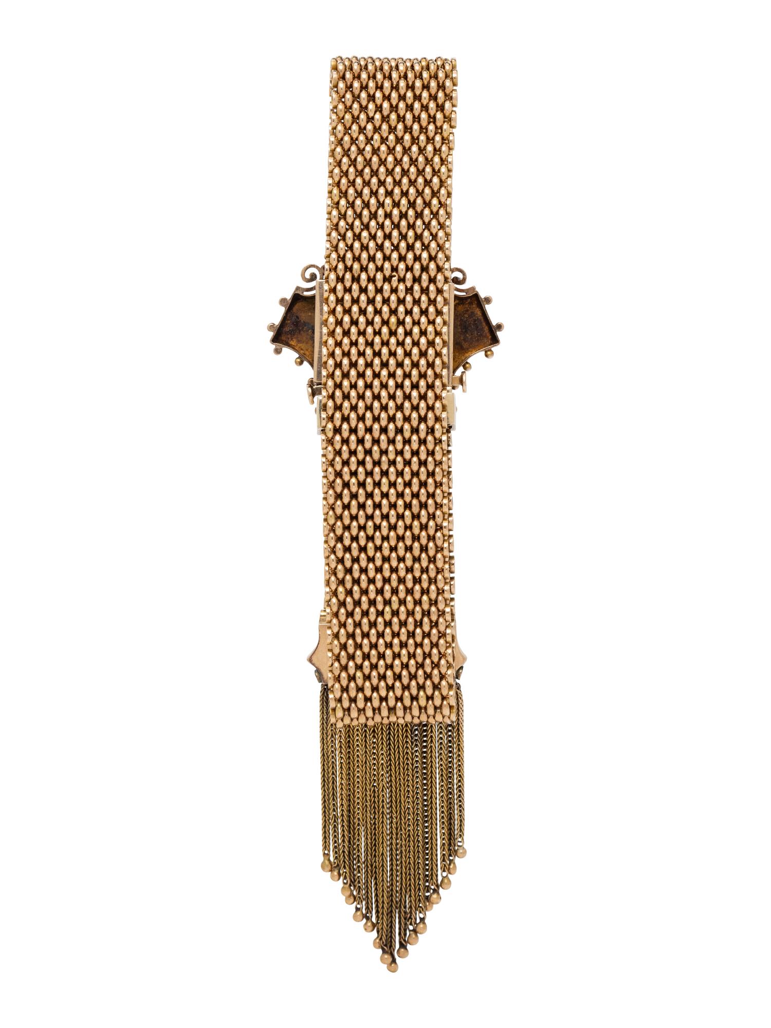 VICTORIAN, YELLOW GOLD SLIDE BUCKLE BRACELET WITH FRINGE