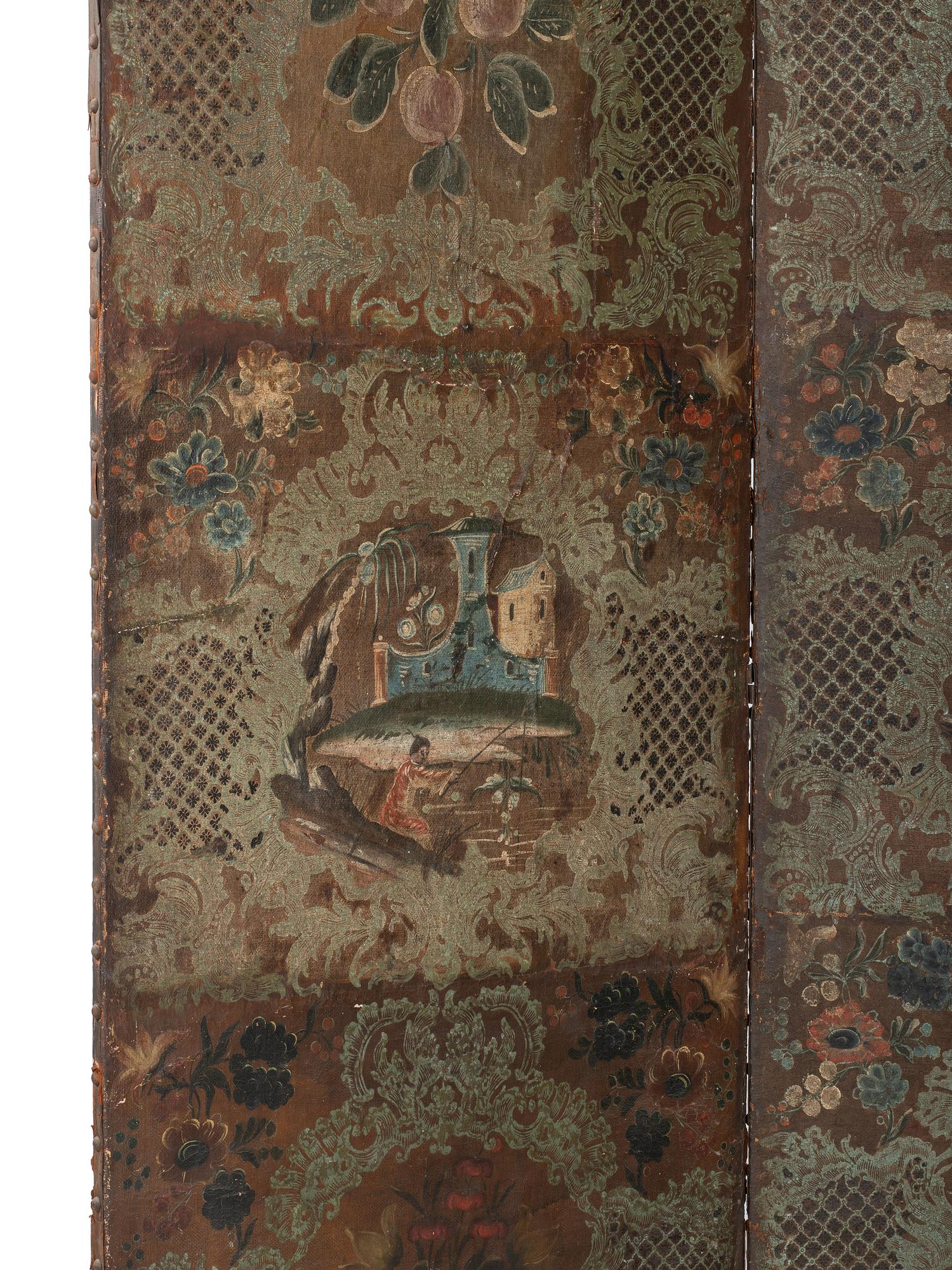 A Three-Panel Painted Leather Floor Screen