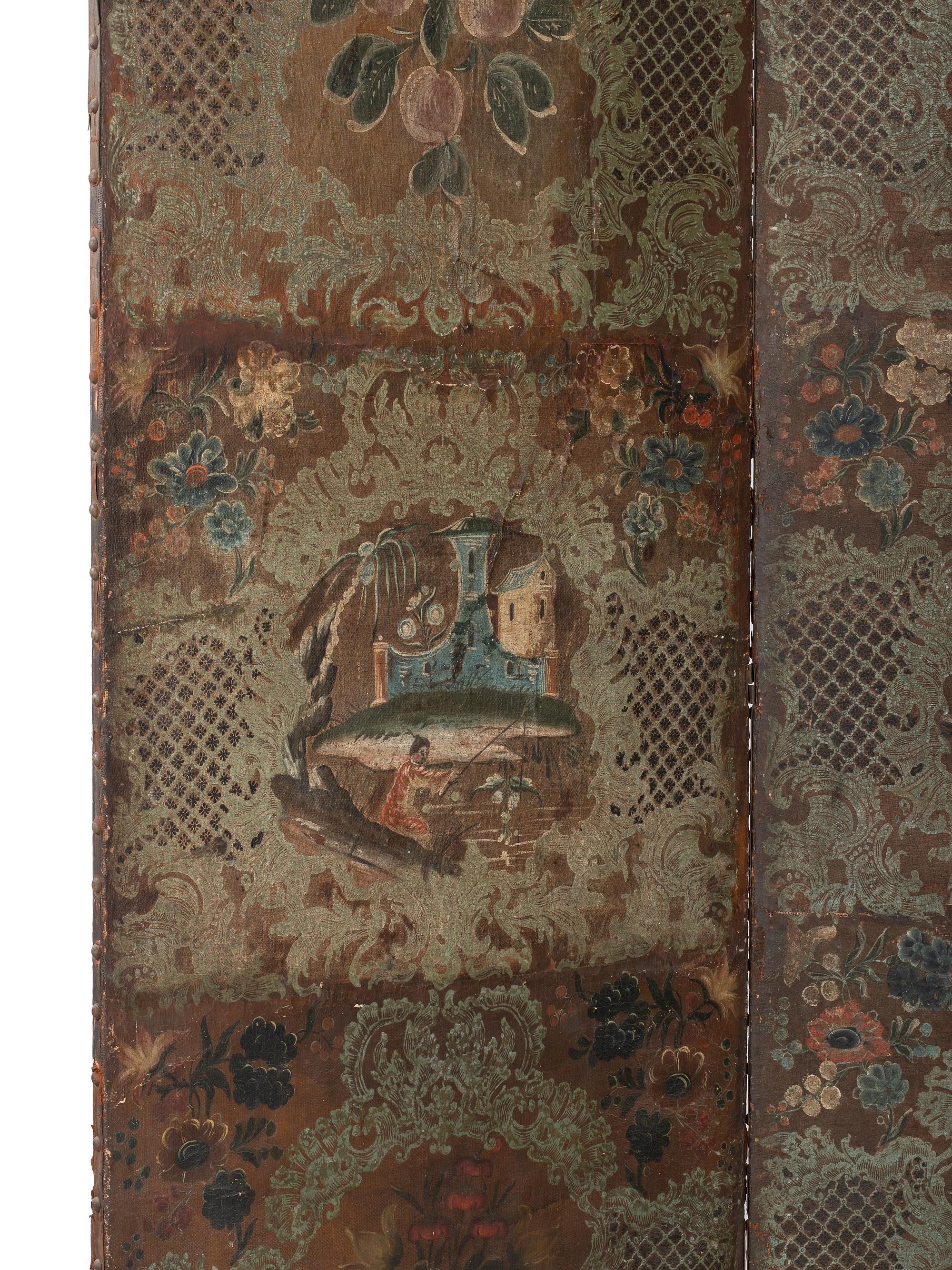 A Three-Panel Painted Leather Floor Screen