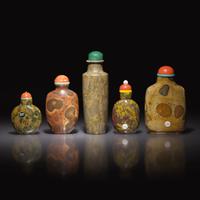 Five Chinese Puddingstone Snuff Bottles, 18th to 20th Century — 清中期-民國 抱子石鼻烟壺四支