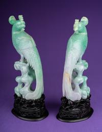 A Pair of Semi-Translucent Green Jadeite Figures of Phoenix