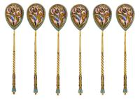 A Set of Six Russian Silver-Gilt and Enamel Spoons, Mark of Maria Semenova, Moscow, early 20th century, each having an enamel finial su