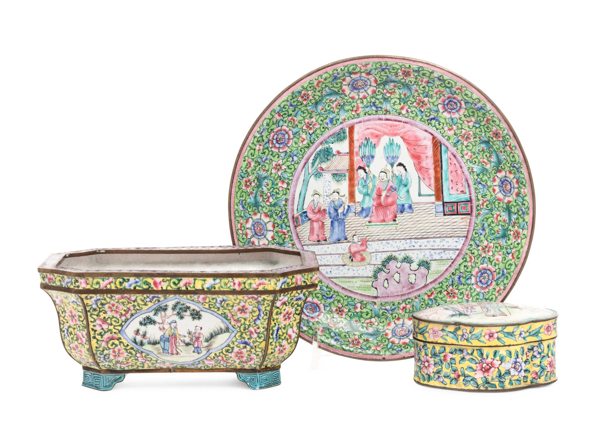 Three Chinese Canton Enamel on Copper Articles