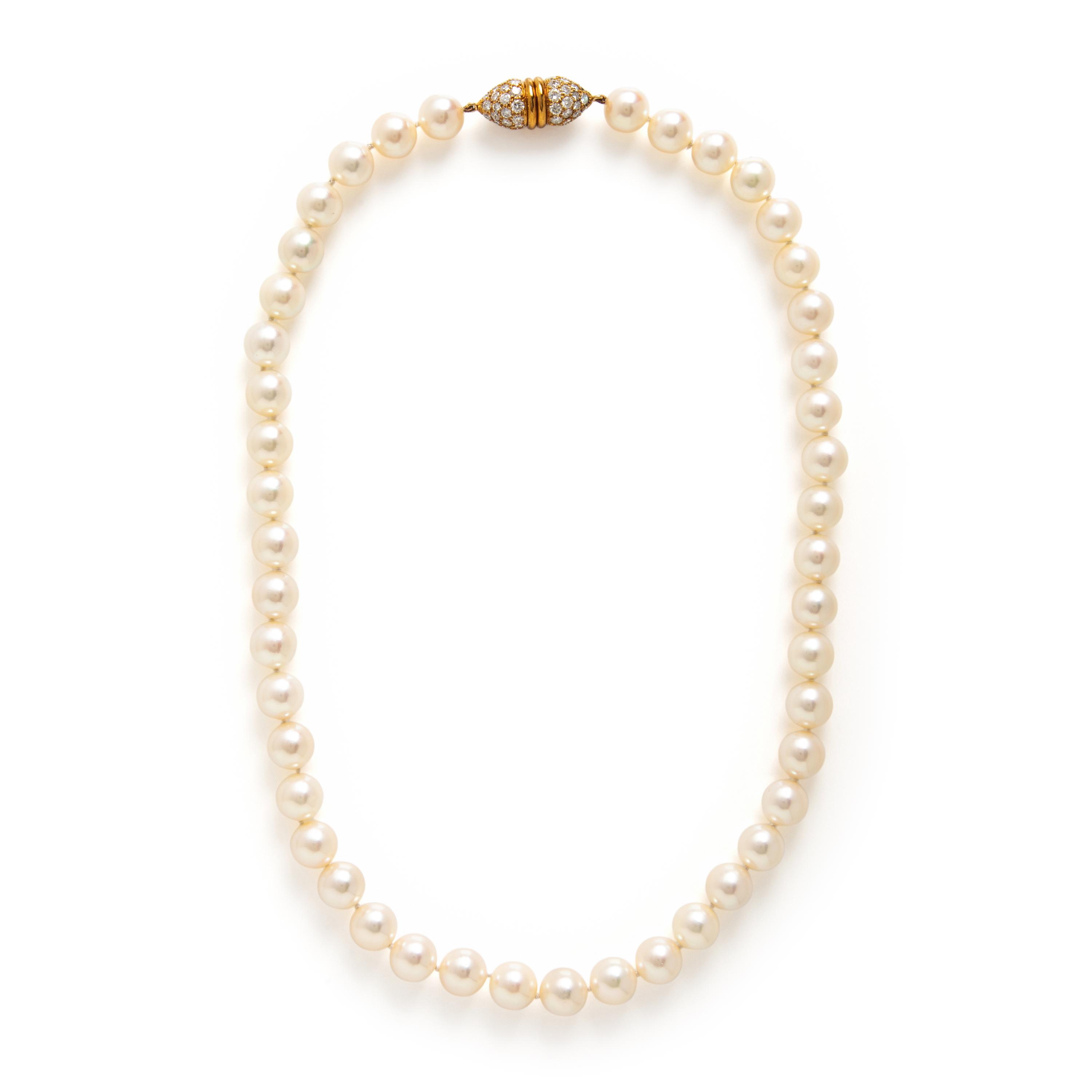 Cultured Pearl, Diamond, and Yellow Gold Necklace