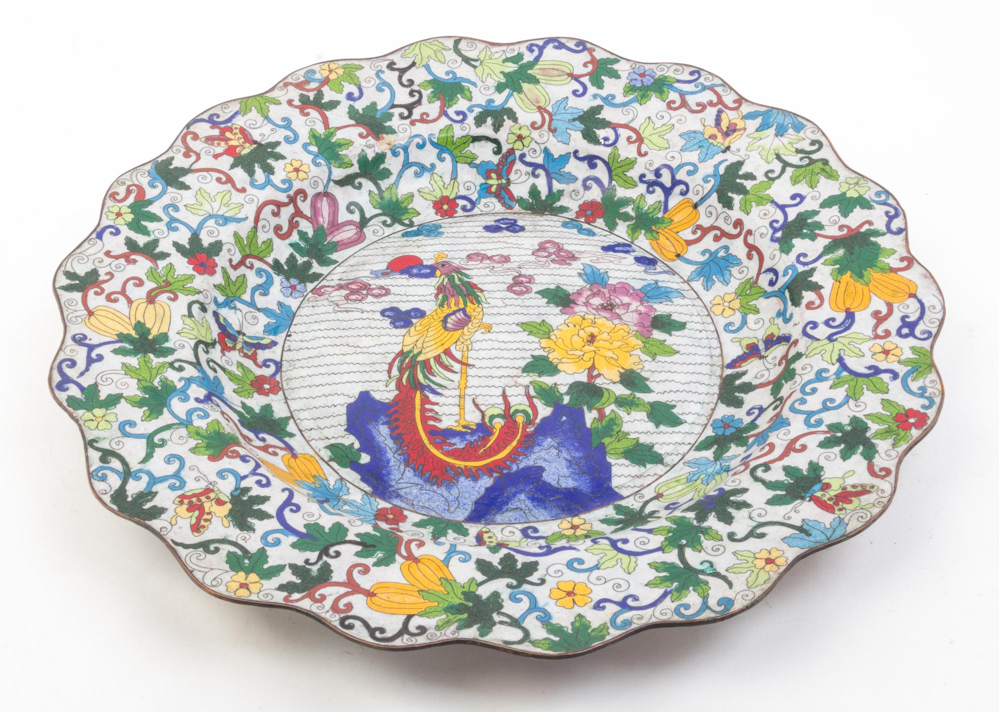Two Cloisonne Chargers Diameter of larger 20 3/4 inches.