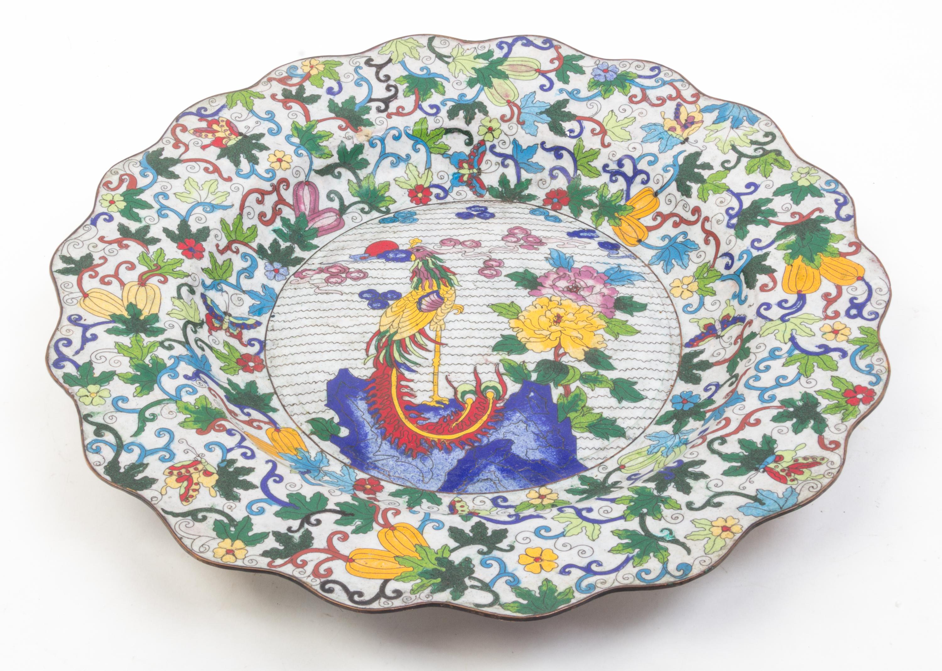 Two Cloisonne Chargers Diameter of larger 20 3/4 inches.