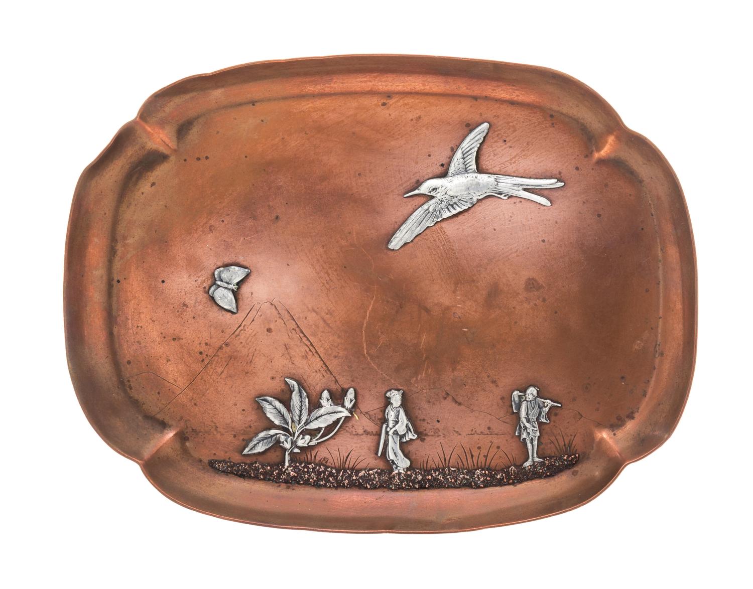 An American Mixed-Metal Tray, Gorham Mfg. Co., Providence, RI, 1882, the copper plate with silver Chinoiserie decoration in a mountaino