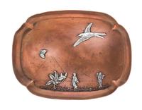 An American Mixed-Metal Tray, Gorham Mfg. Co., Providence, RI, 1882, the copper plate with silver Chinoiserie decoration in a mountaino