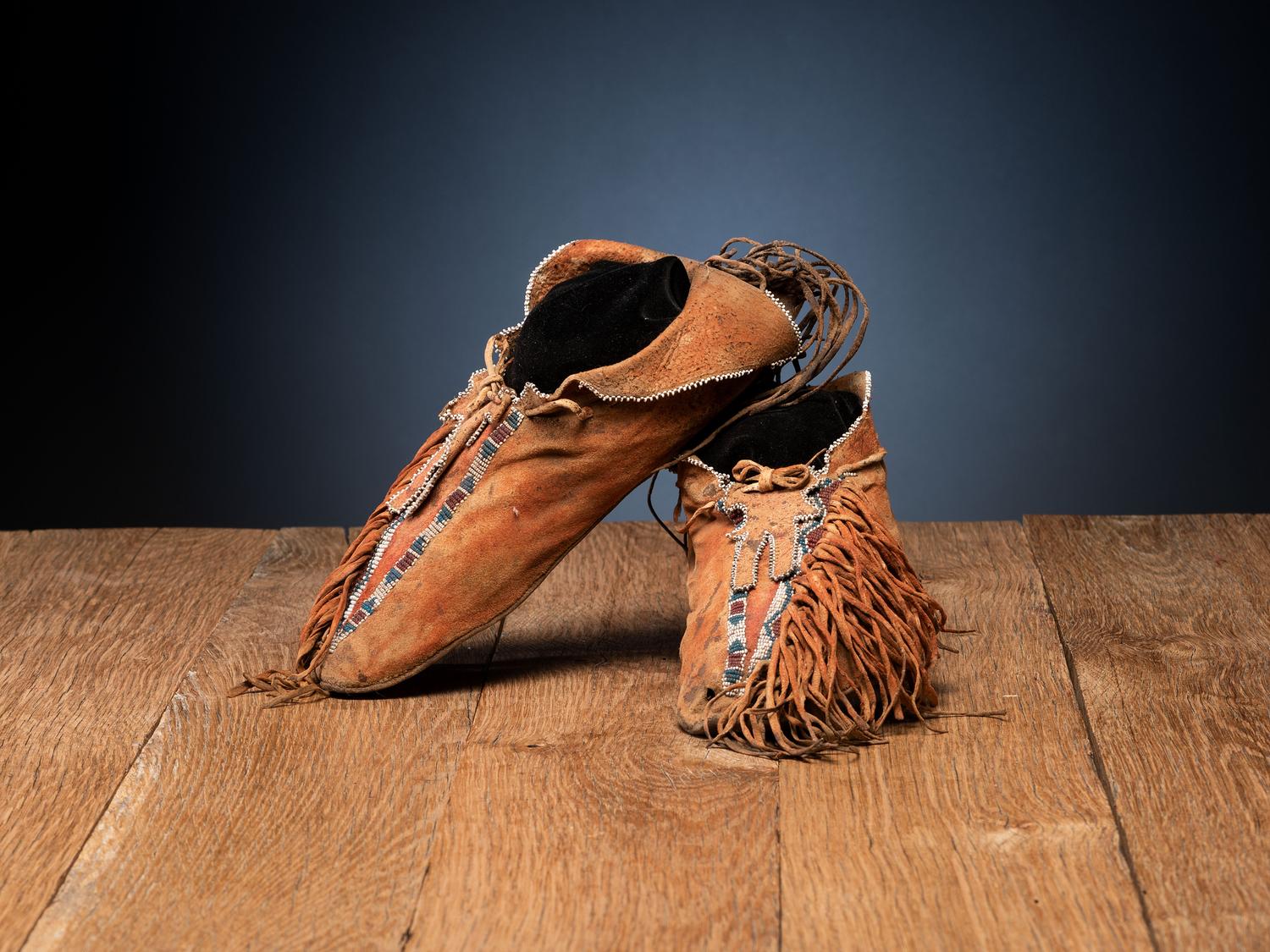 Southern Plains Beaded Buffalo Hide Moccasins, with Unique Tongue