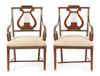 A Pair of Russian Neoclassical Brass Inlaid Mahogany Armchairs Height 40 inches. — CIRCA 1825
