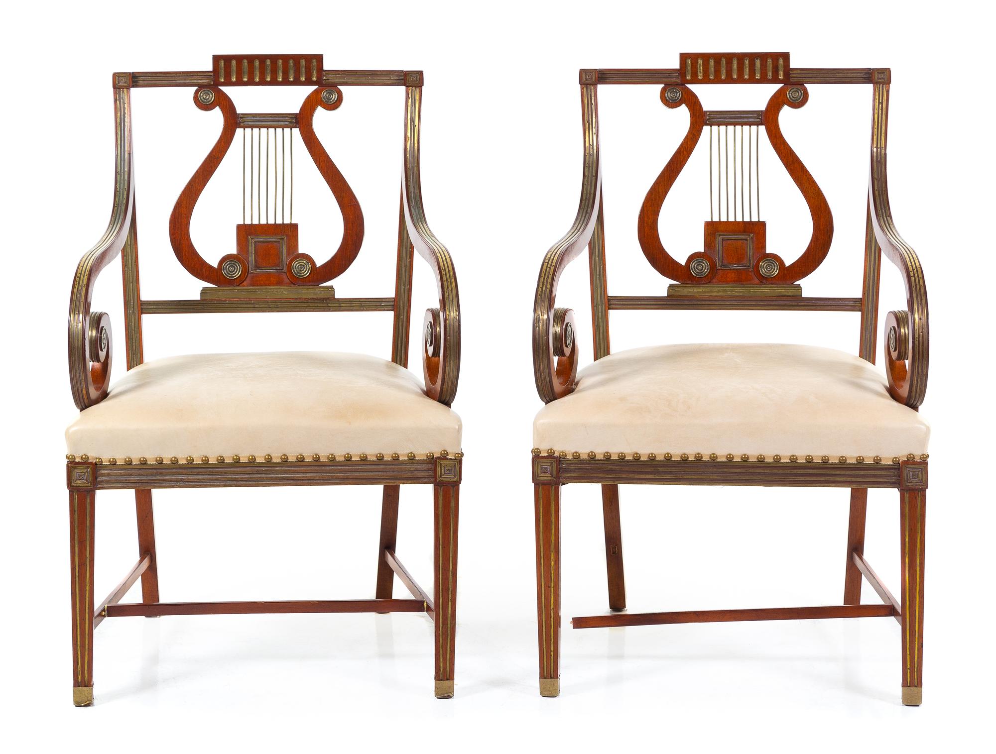 A Pair of Russian Neoclassical Brass Inlaid Mahogany Armchairs Height 40 inches. — CIRCA 1825