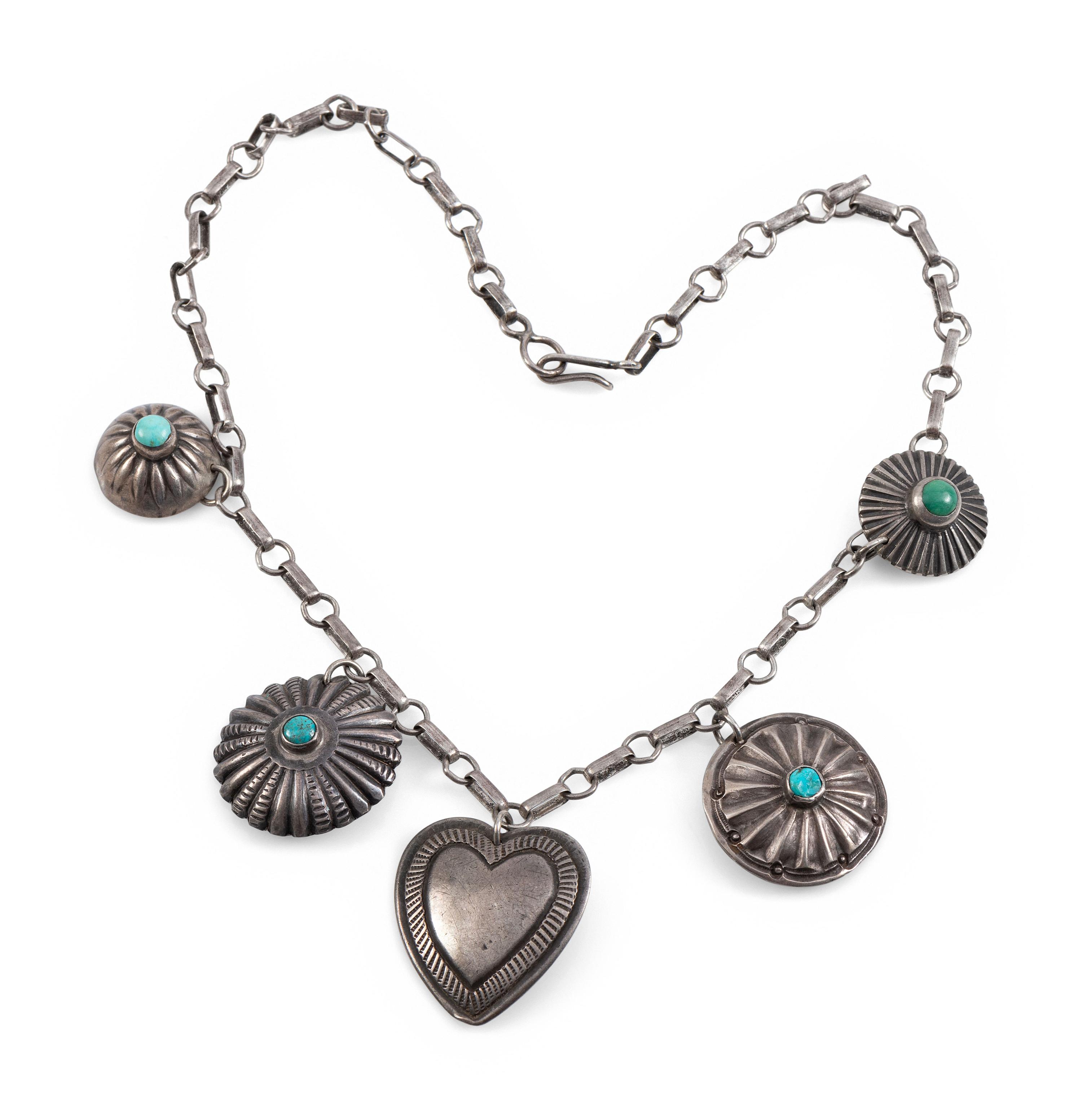 Navajo Silver and Turquoise Button Charm Choker