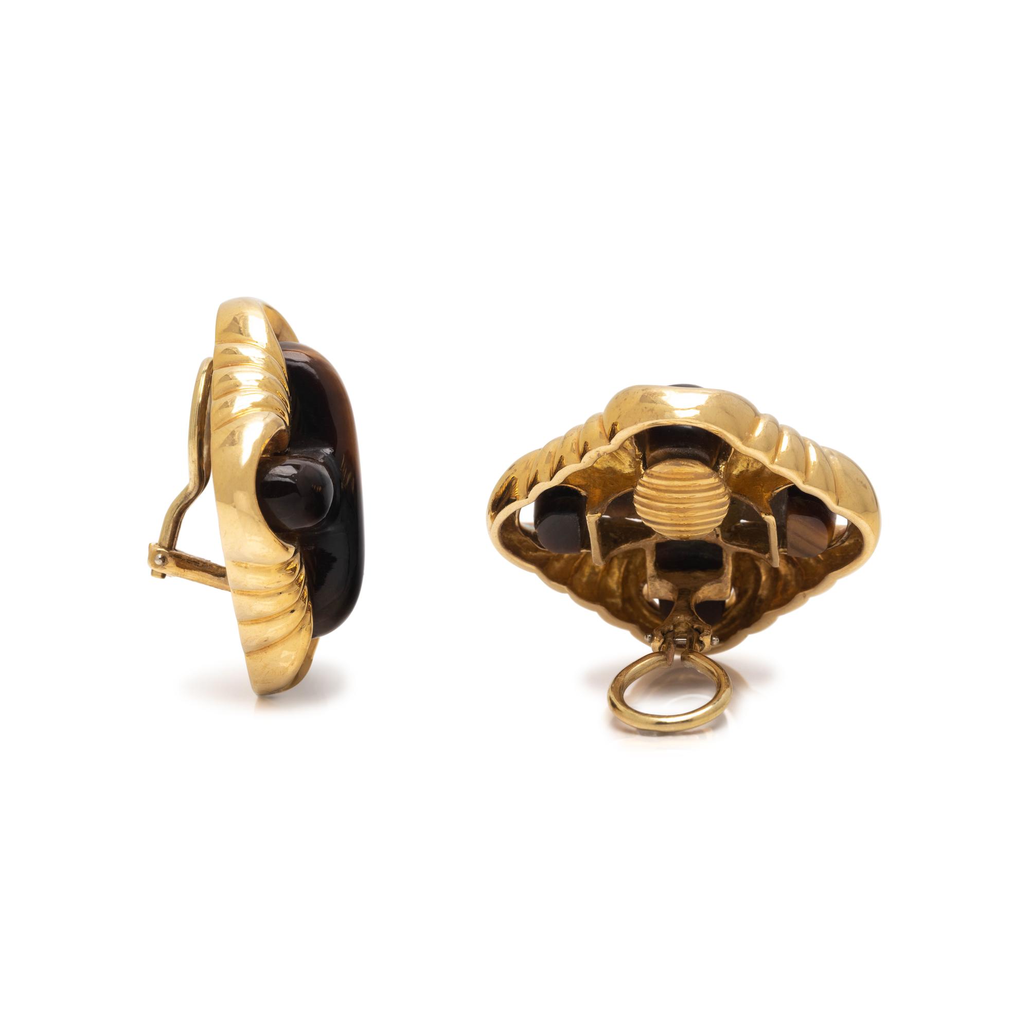 YELLOW GOLD AND TIGER'S EYE EARCLIPS