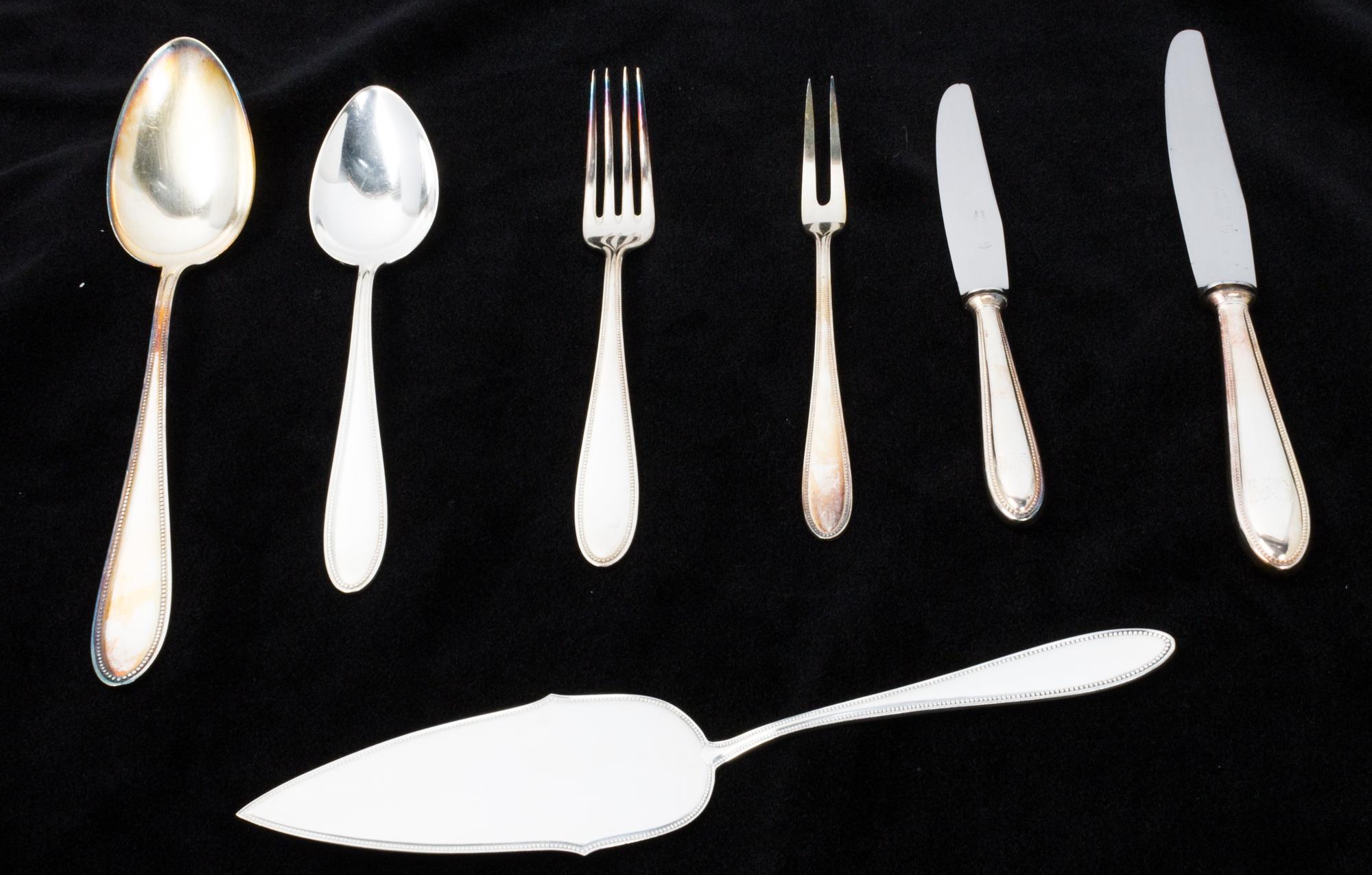 A German WMF Alpaca Flatware Service, , comprising 12 dinner knives 11 luncheon knives 12 fruit knives 12 dinner forks 11 salad forks 1