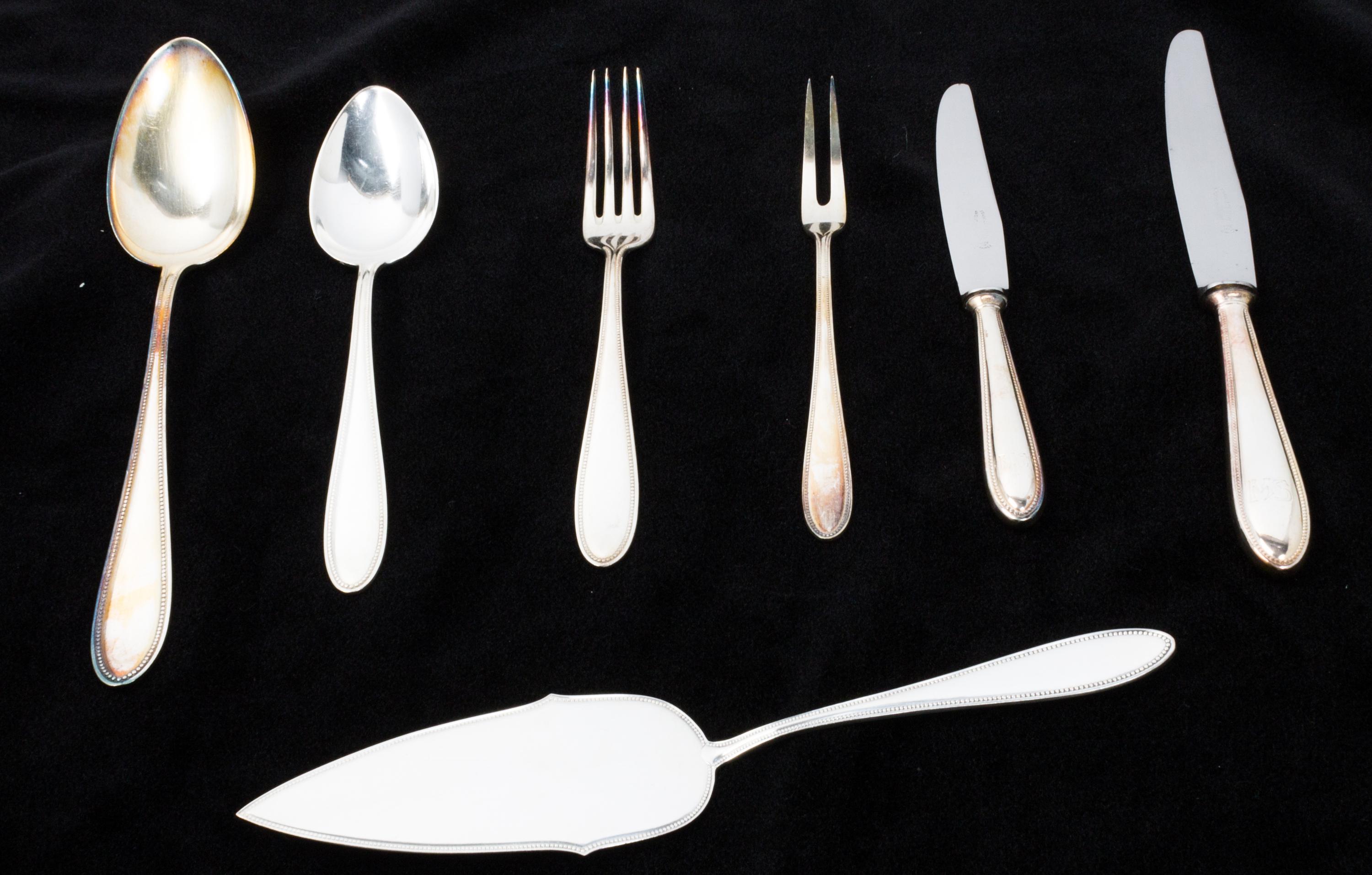 A German WMF Alpaca Flatware Service, , comprising 12 dinner knives 11 luncheon knives 12 fruit knives 12 dinner forks 11 salad forks 1