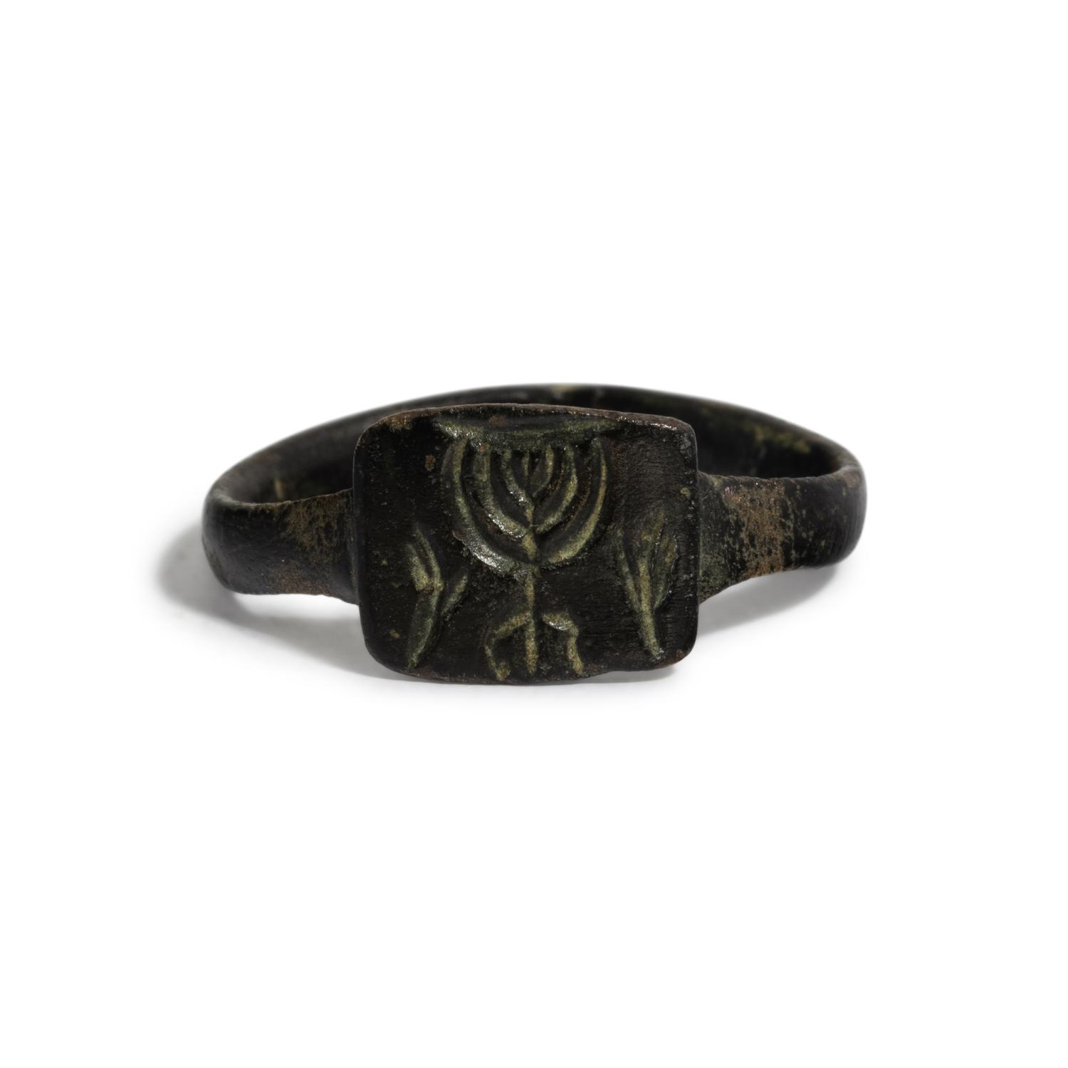 A Holy Land Bronze Ring with a Menorah