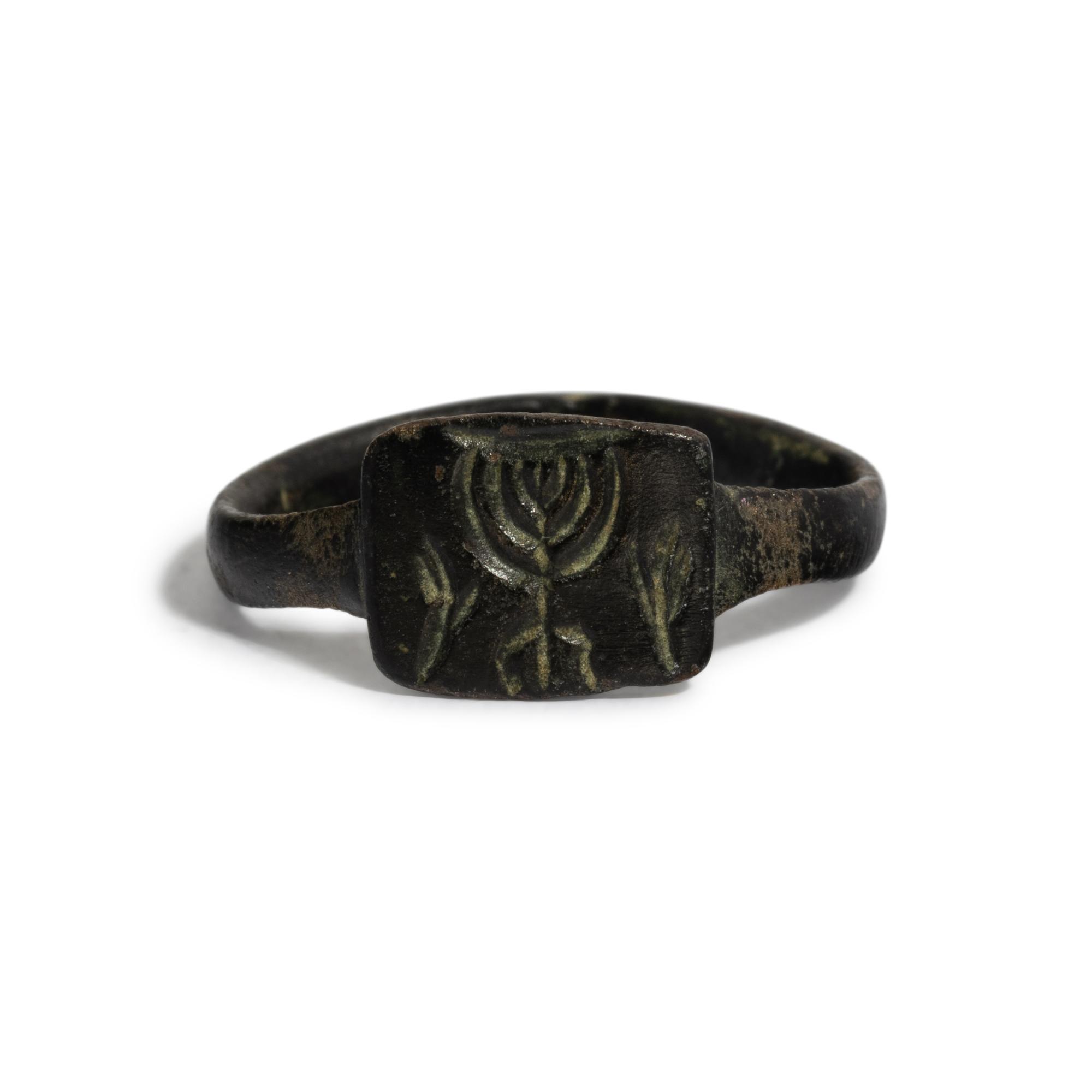 A Holy Land Bronze Ring with a Menorah