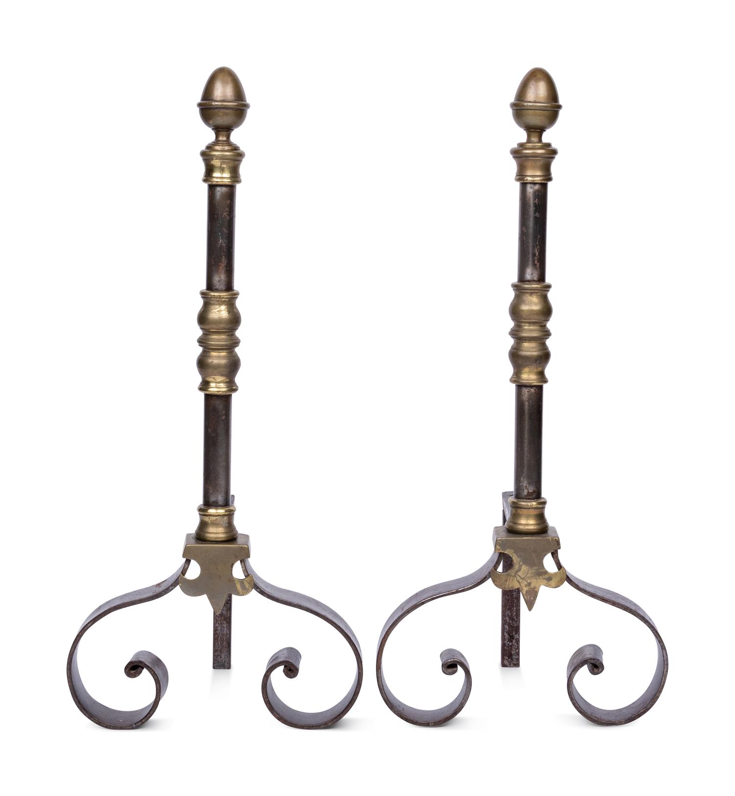 A Pair of English Brass and Steel Andirons