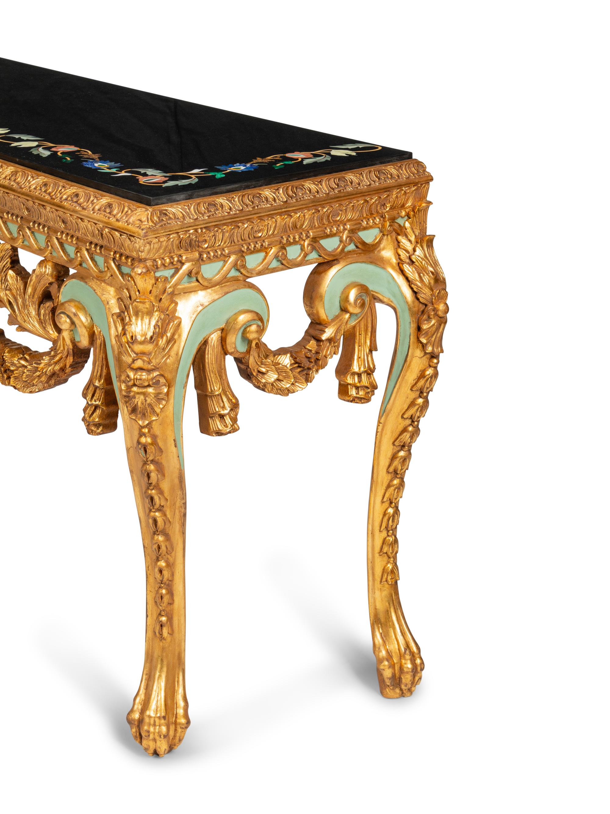 A Pair of Continental Giltwood Console Tables with Pietra Dura Tops