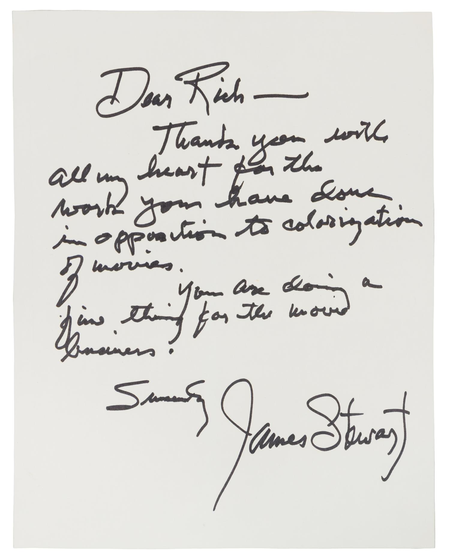 STEWART, James (1908-1997). Autograph letter signed ("James Stewart"), to Rich. N.p., n.d.