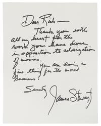 STEWART, James (1908-1997). Autograph letter signed ("James Stewart"), to Rich. N.p., n.d.