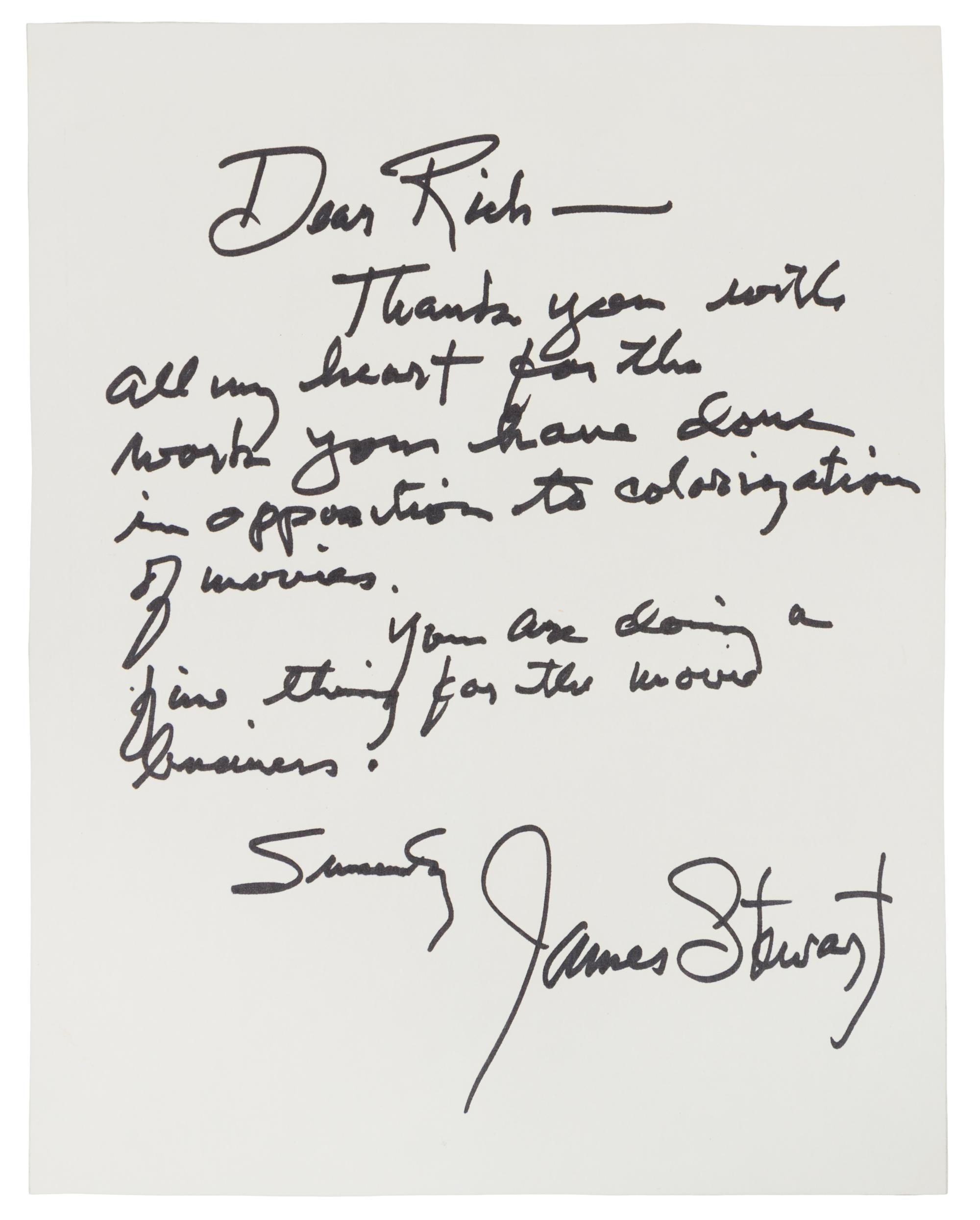 STEWART, James (1908-1997). Autograph letter signed ("James Stewart"), to Rich. N.p., n.d.
