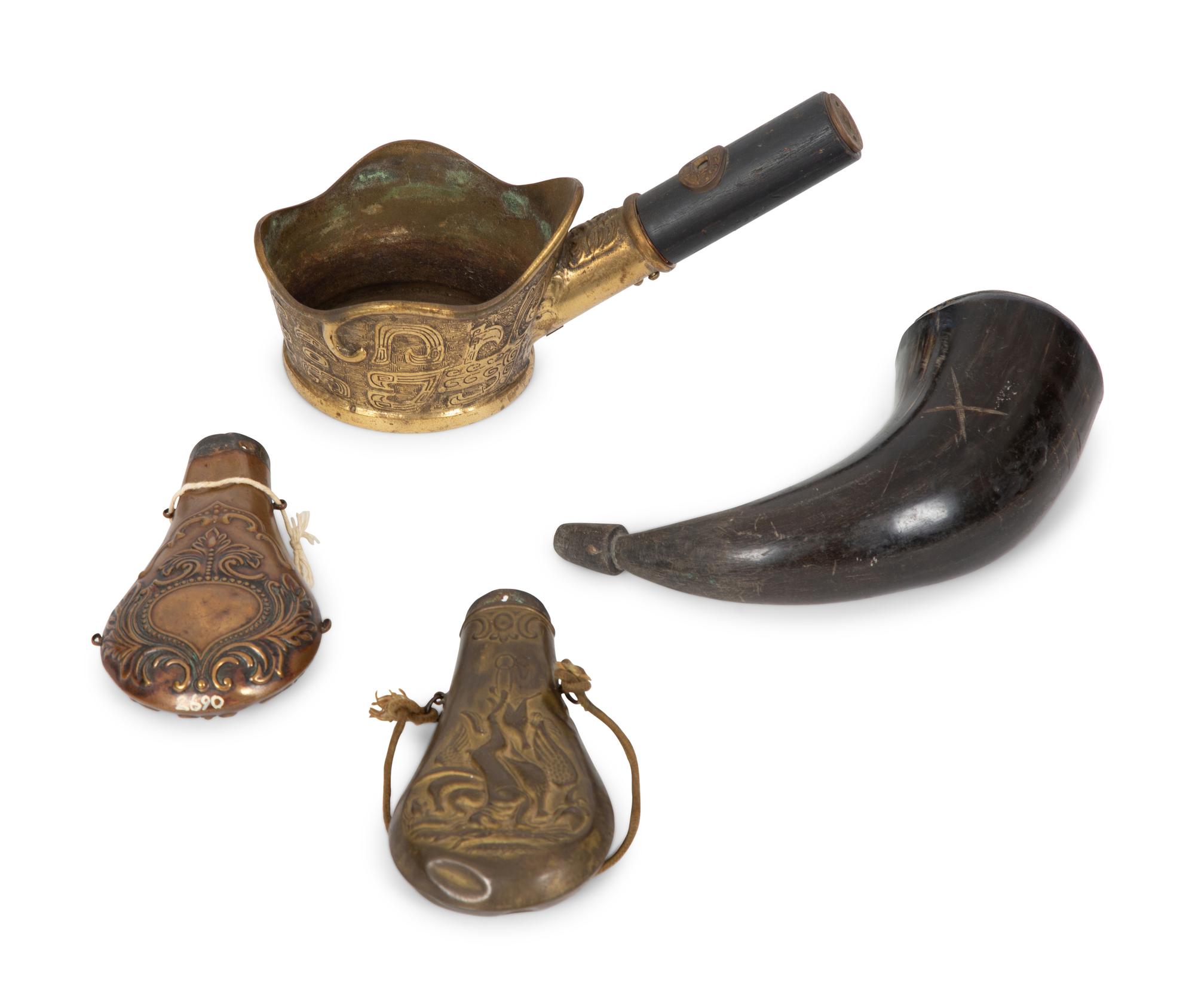 A Chinese Brass Silk Iron, Two Gunpowder Flasks and a Horn Vessel