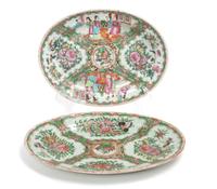 Two Chinese Export Rose Medallion Porcelain Serving Plates Length of larger 11 inches.