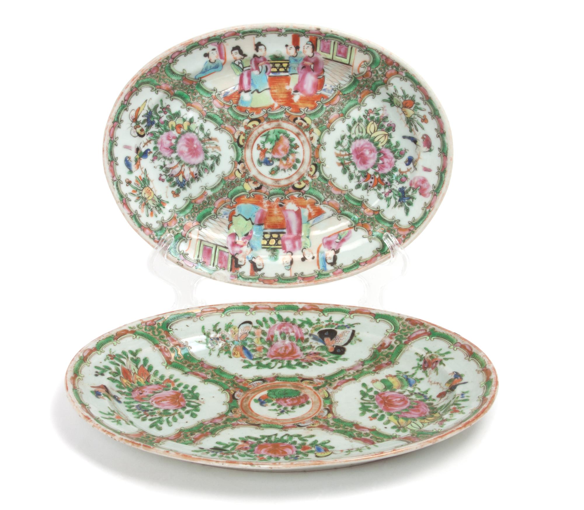 Two Chinese Export Rose Medallion Porcelain Serving Plates Length of larger 11 inches.