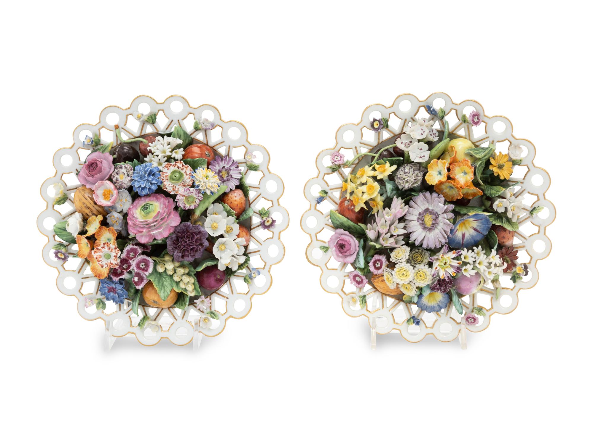 A Pair of Meissen Porcelain Models of Fruit- and Flower-Filled Baskets