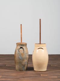 Two Cobalt Decorated Six-Gallon Stoneware Churns