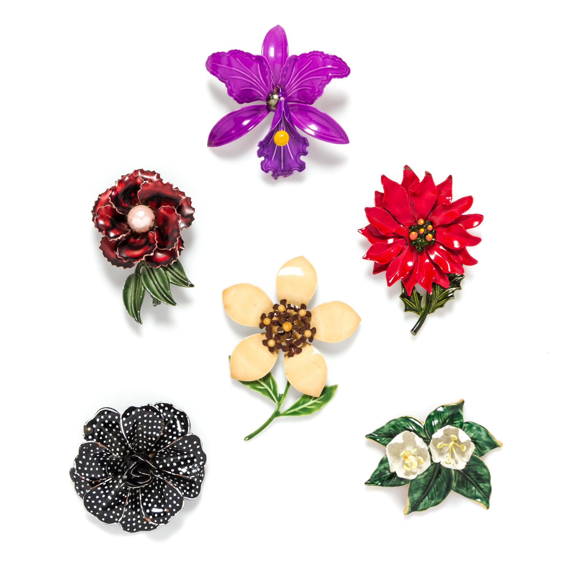 A Group of Six Vintage Enamel Floral Brooches,