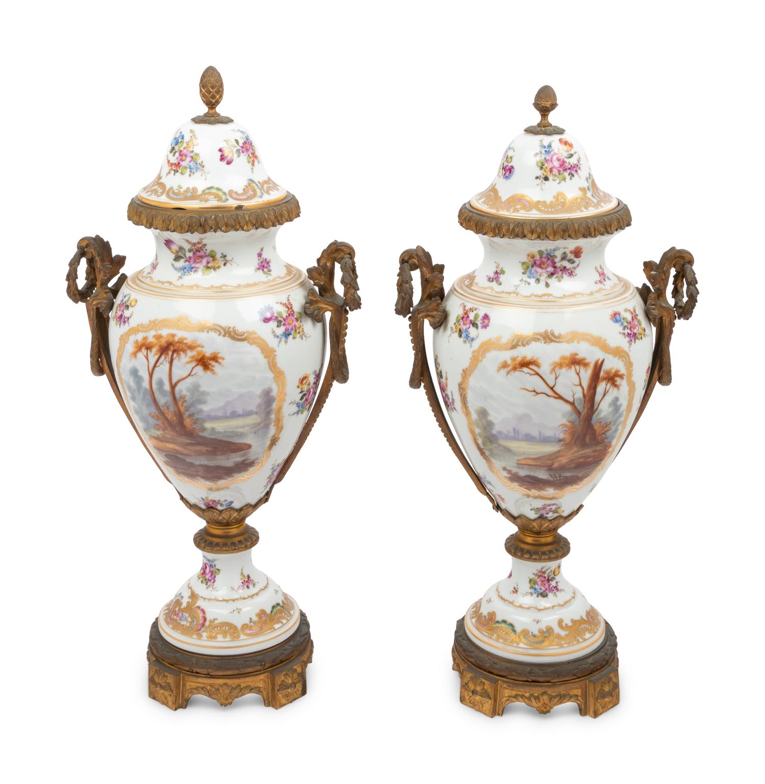 A Pair of Choisy le Roi Gilt Bronze-Mounted Porcelain Urns
