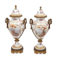 A Pair of Choisy le Roi Gilt Bronze-Mounted Porcelain Urns