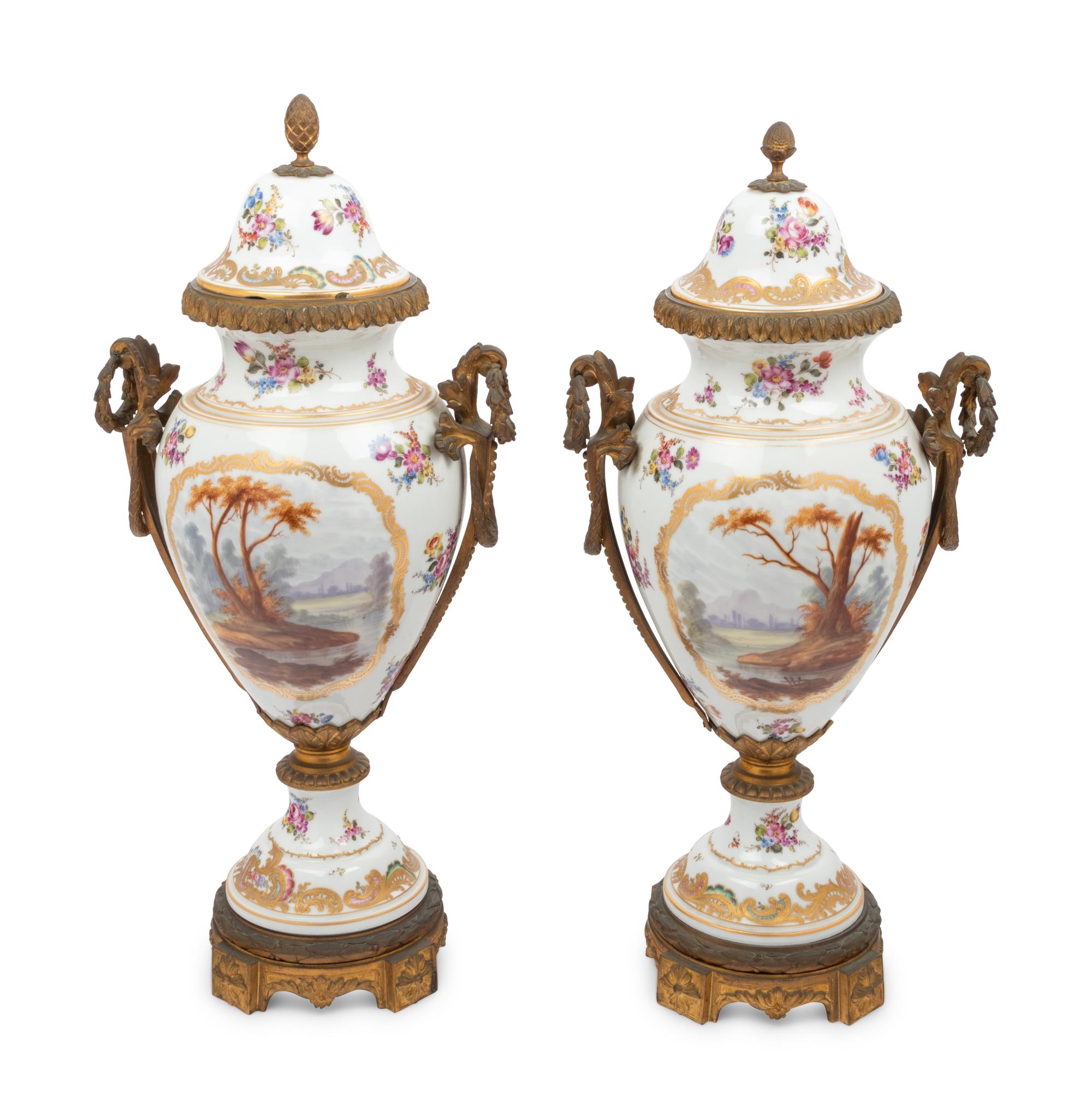 A Pair of Choisy le Roi Gilt Bronze-Mounted Porcelain Urns