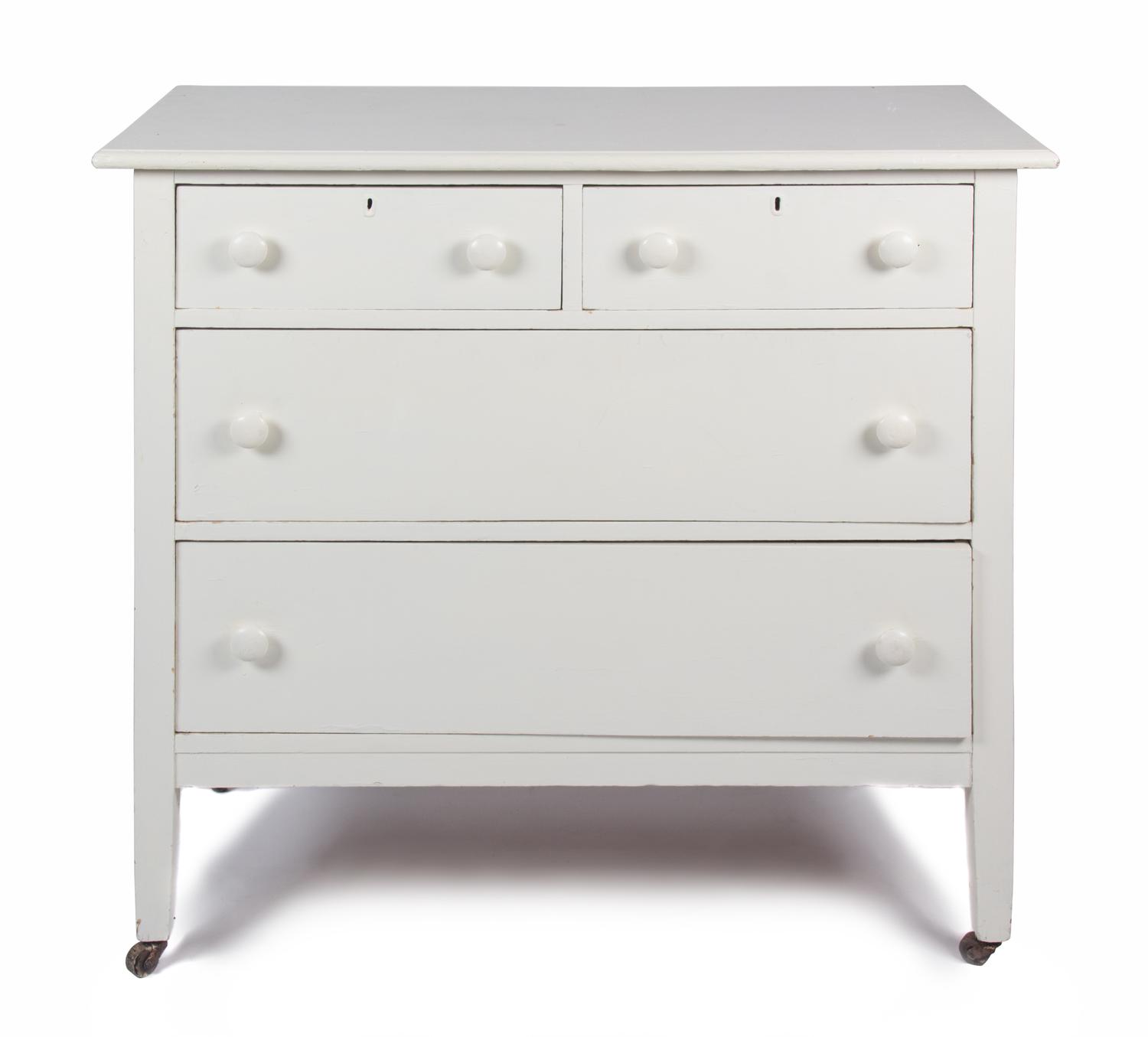 A Group of White Painted Dressers Height of larger 48 1/2 inches x width 34 inches x depth 19 1/4 inches.