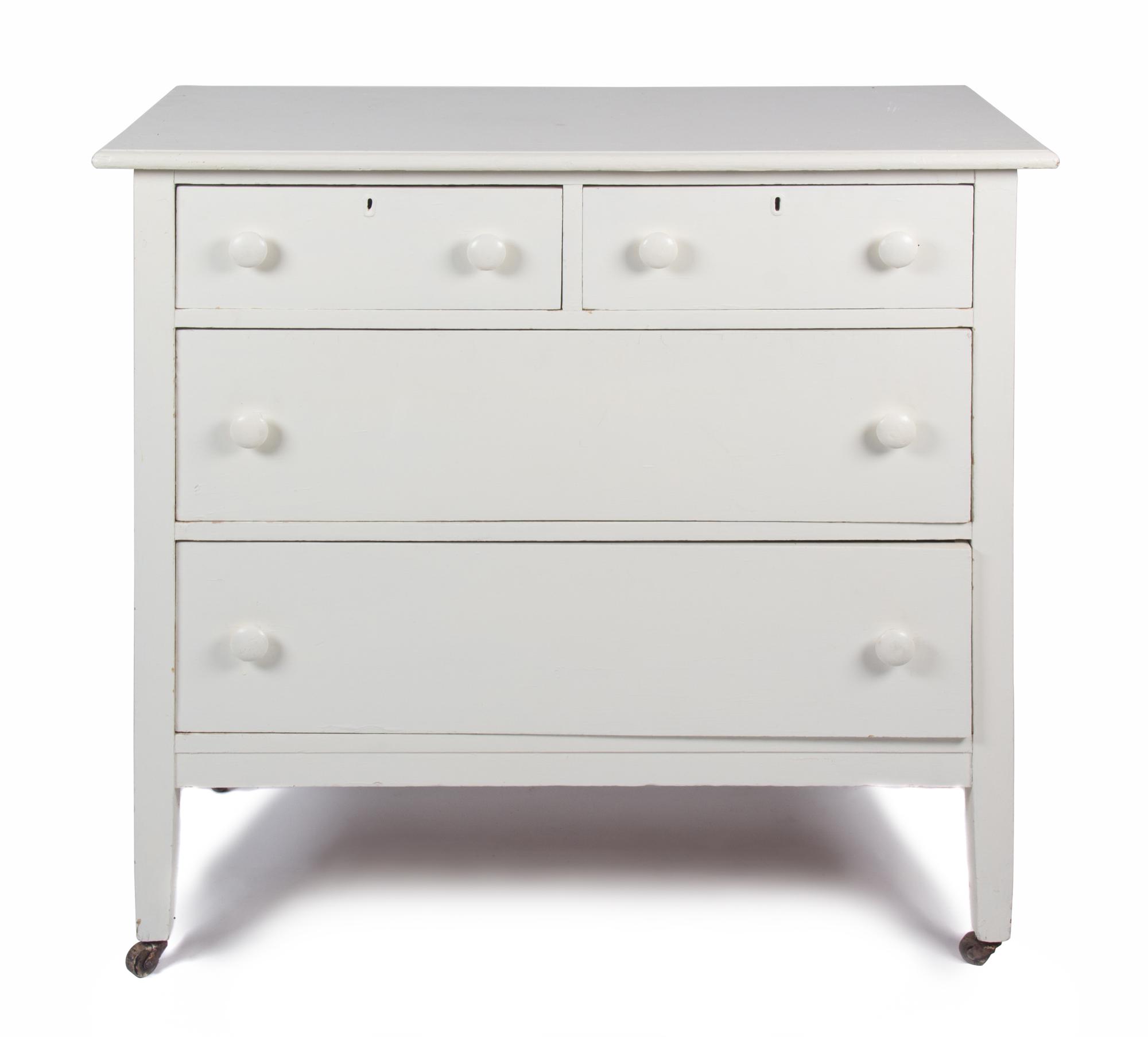 A Group of White Painted Dressers Height of larger 48 1/2 inches x width 34 inches x depth 19 1/4 inches.