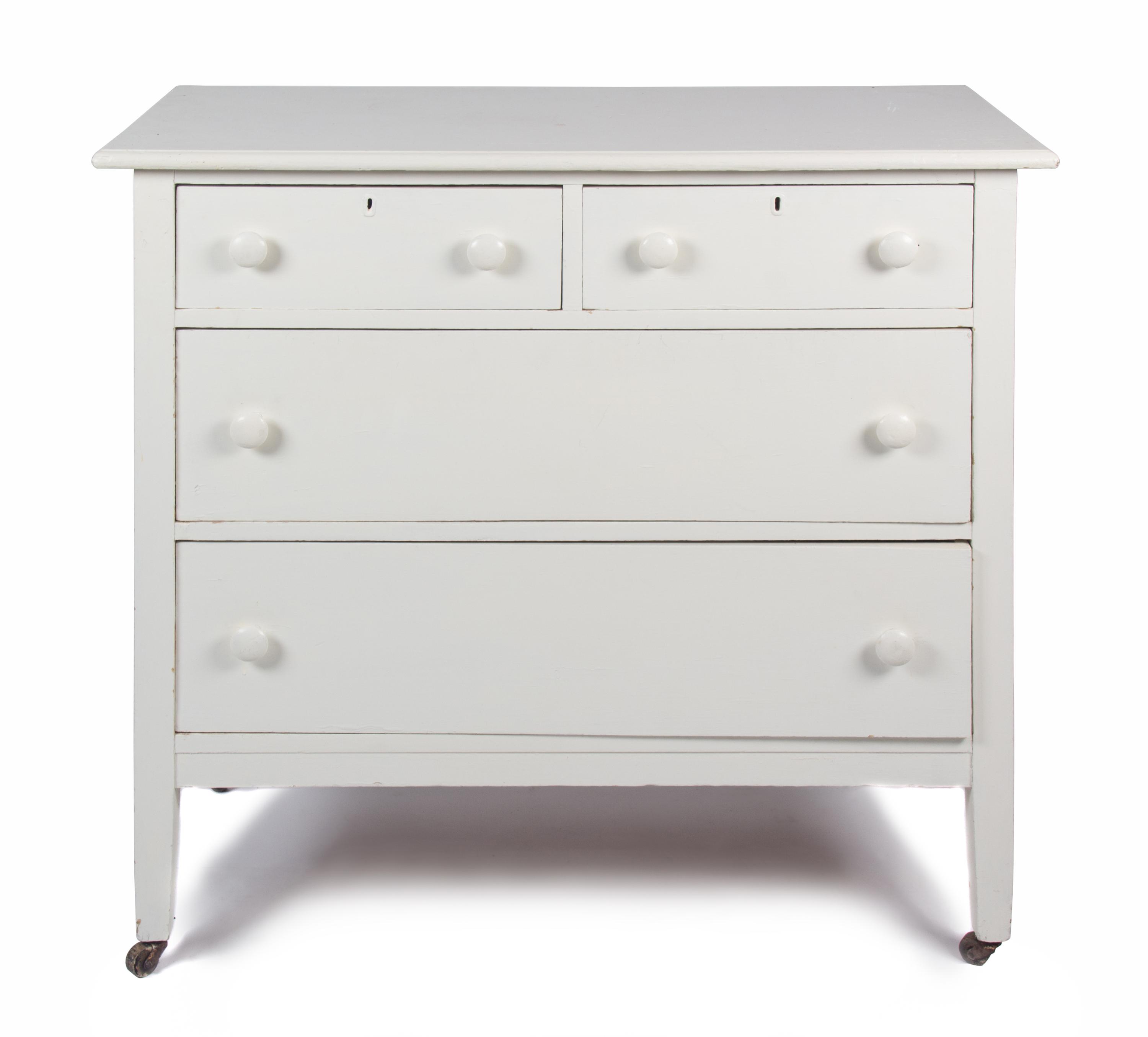 A Group of White Painted Dressers Height of larger 48 1/2 inches x width 34 inches x depth 19 1/4 inches.