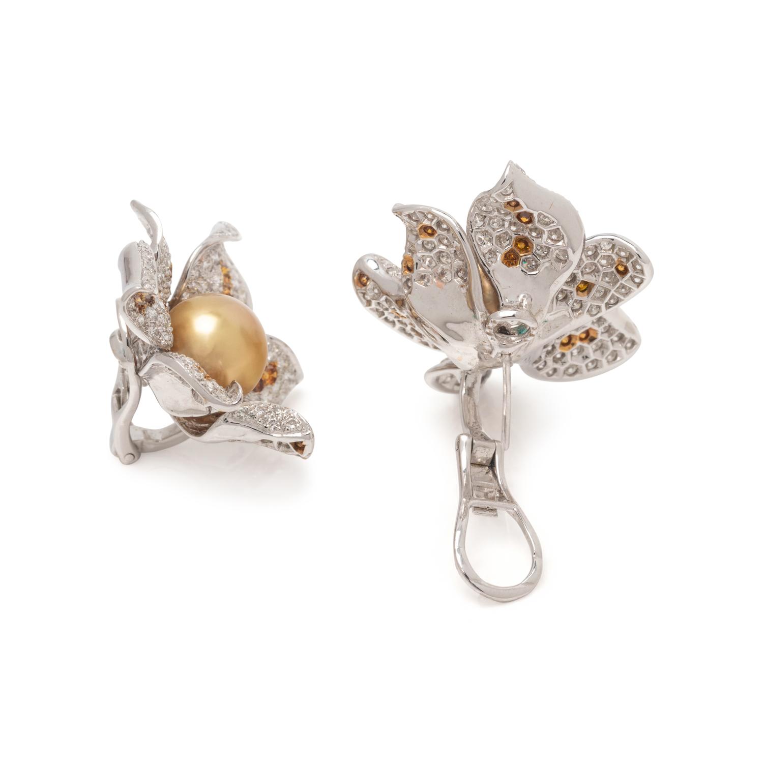 CULTURED GOLDEN PEARL, DIAMOND AND COLORED DIAMOND FLOWER EARCLIPS