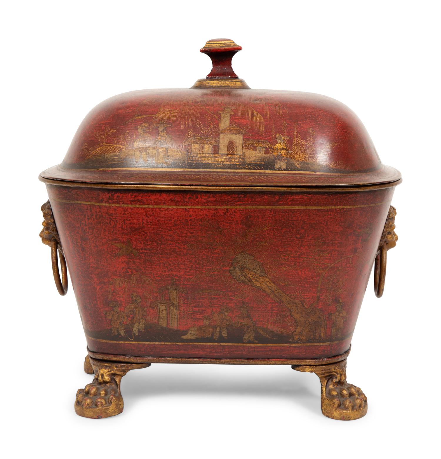 A Regency Style Red Tole Covered Box with Black and Gilt Chinoiserie Decoration and a Similar Bucket