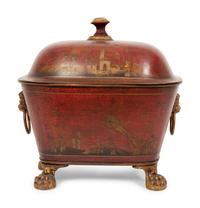 A Regency Style Red Tole Covered Box with Black and Gilt Chinoiserie Decoration and a Similar Bucket