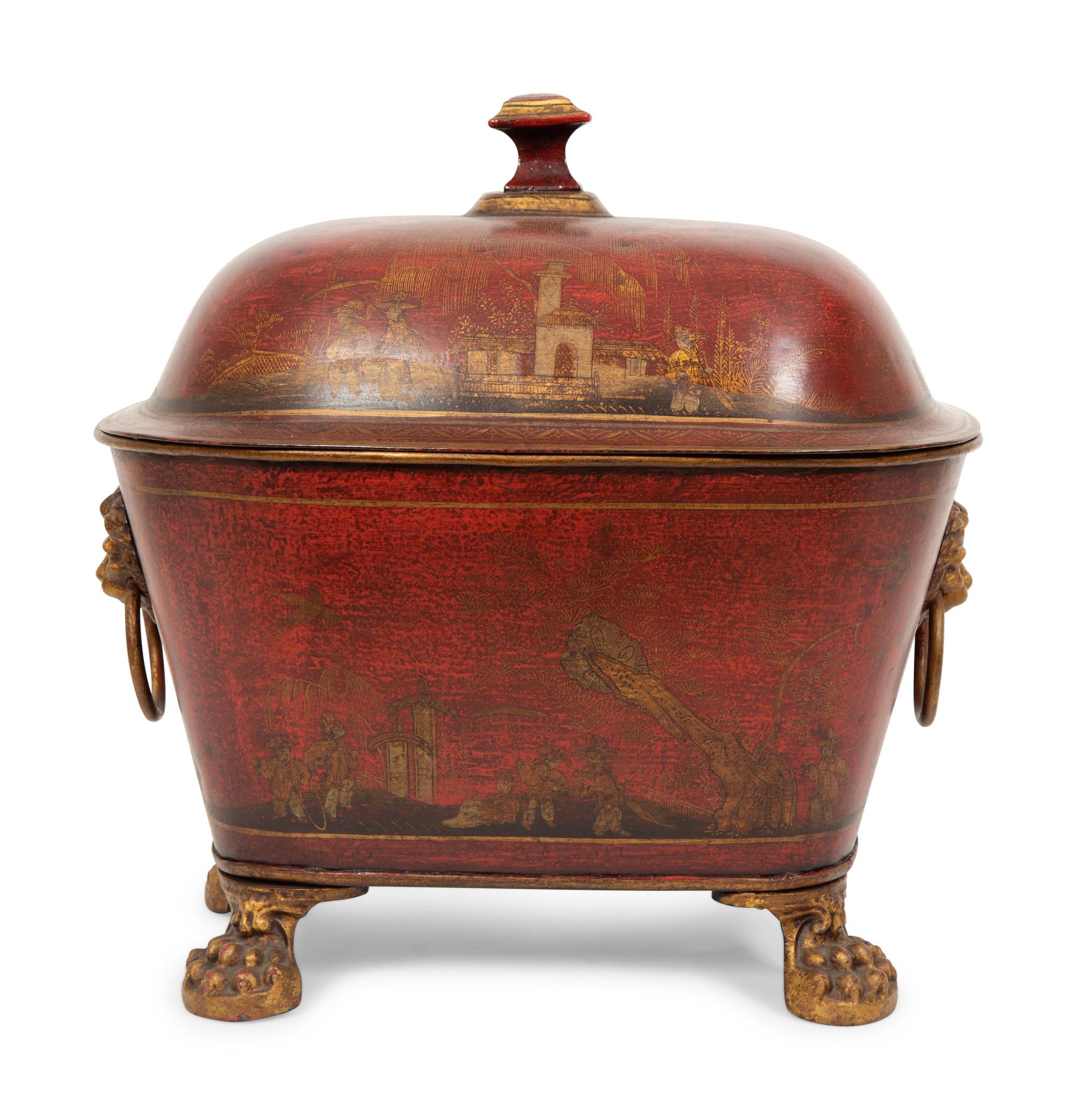 A Regency Style Red Tole Covered Box with Black and Gilt Chinoiserie Decoration and a Similar Bucket