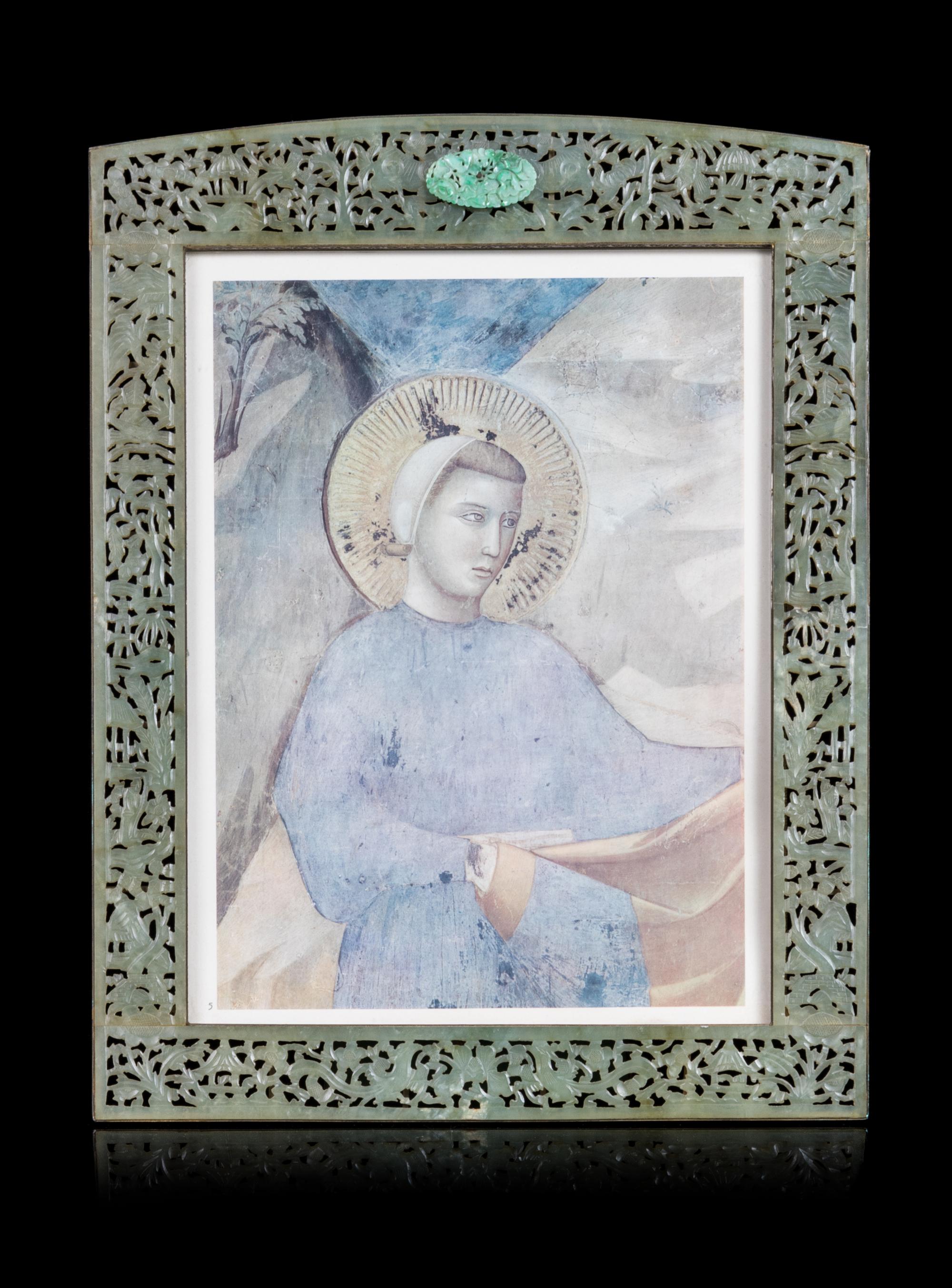 A Chinese Jadeite Inset Serpentine Picture Frame 17 x 13 1/4 inches. — 20TH CENTURY
