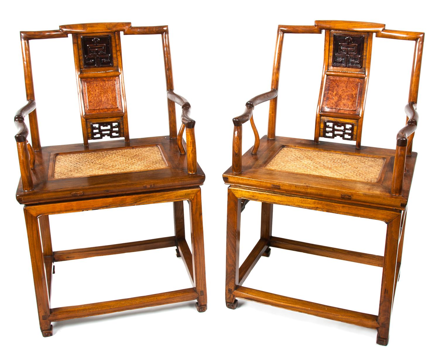 A Pair of Chinese Elmwood Open Armchairs Height 37 3/4 inches. — EARLY 20TH CENTURY