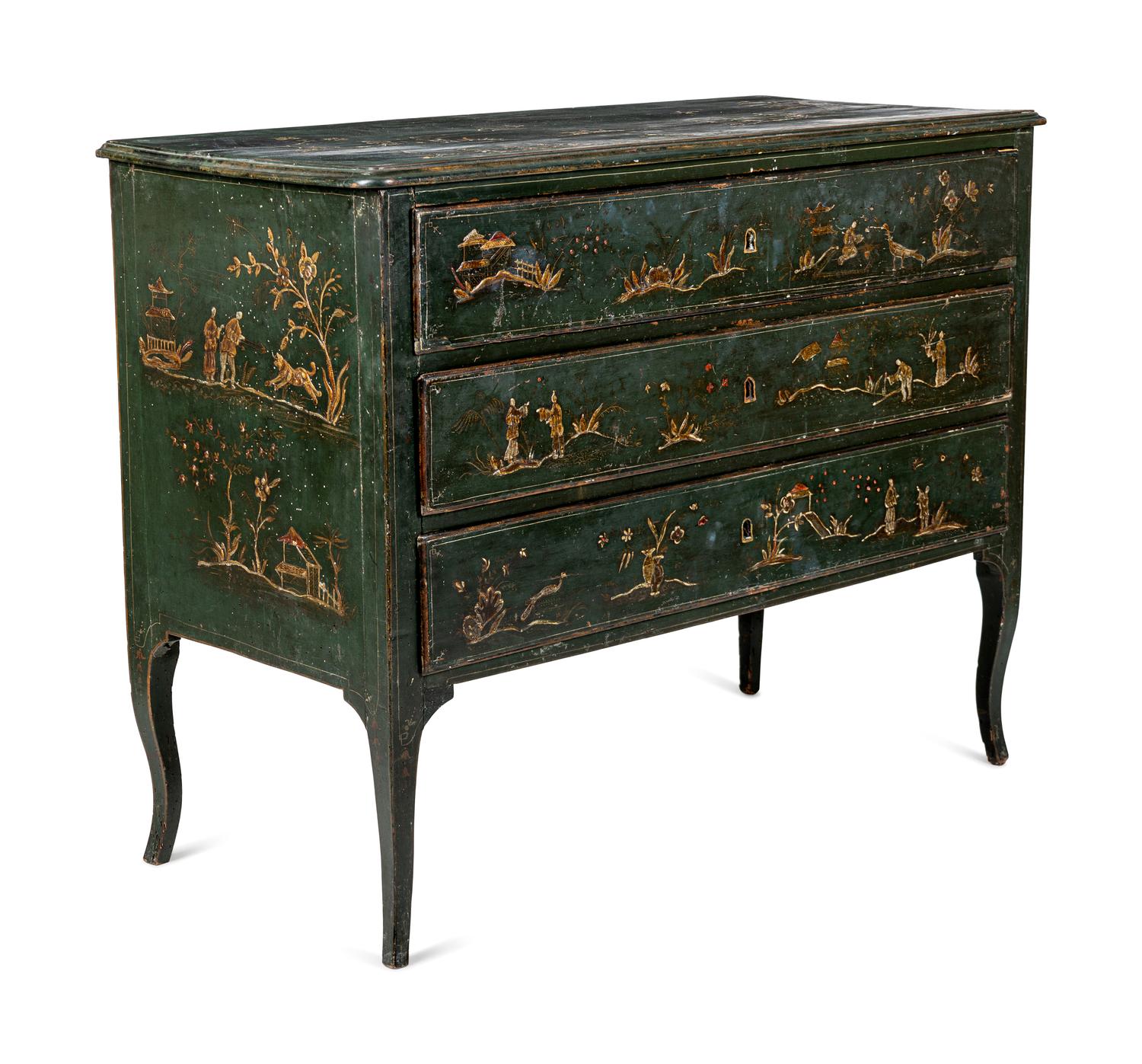 A North Italian Green Japanned Three-Drawer Commode