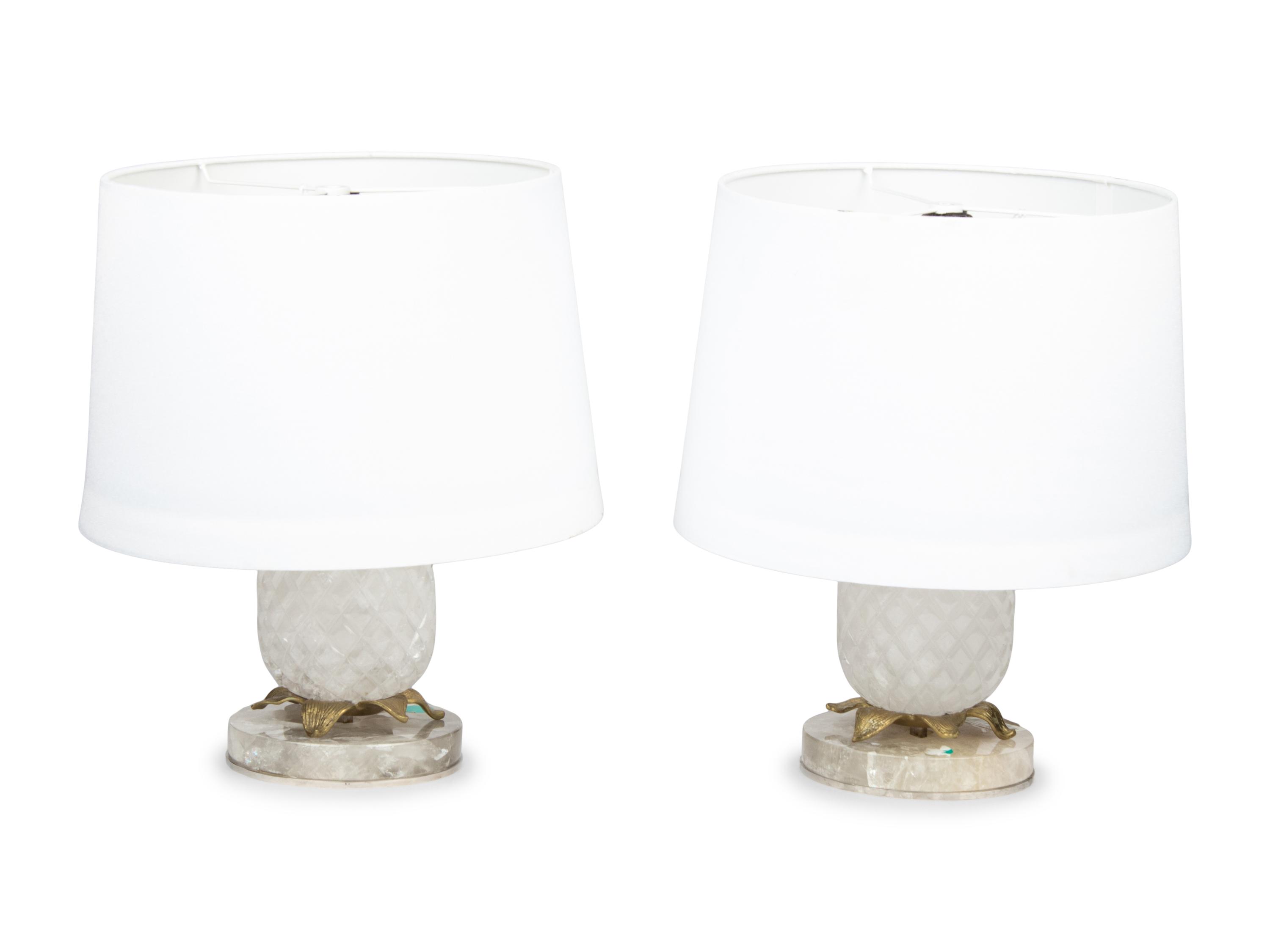 A Pair of Pineapple-Form Gilt Metal Mounted Rock Crystal Lamps