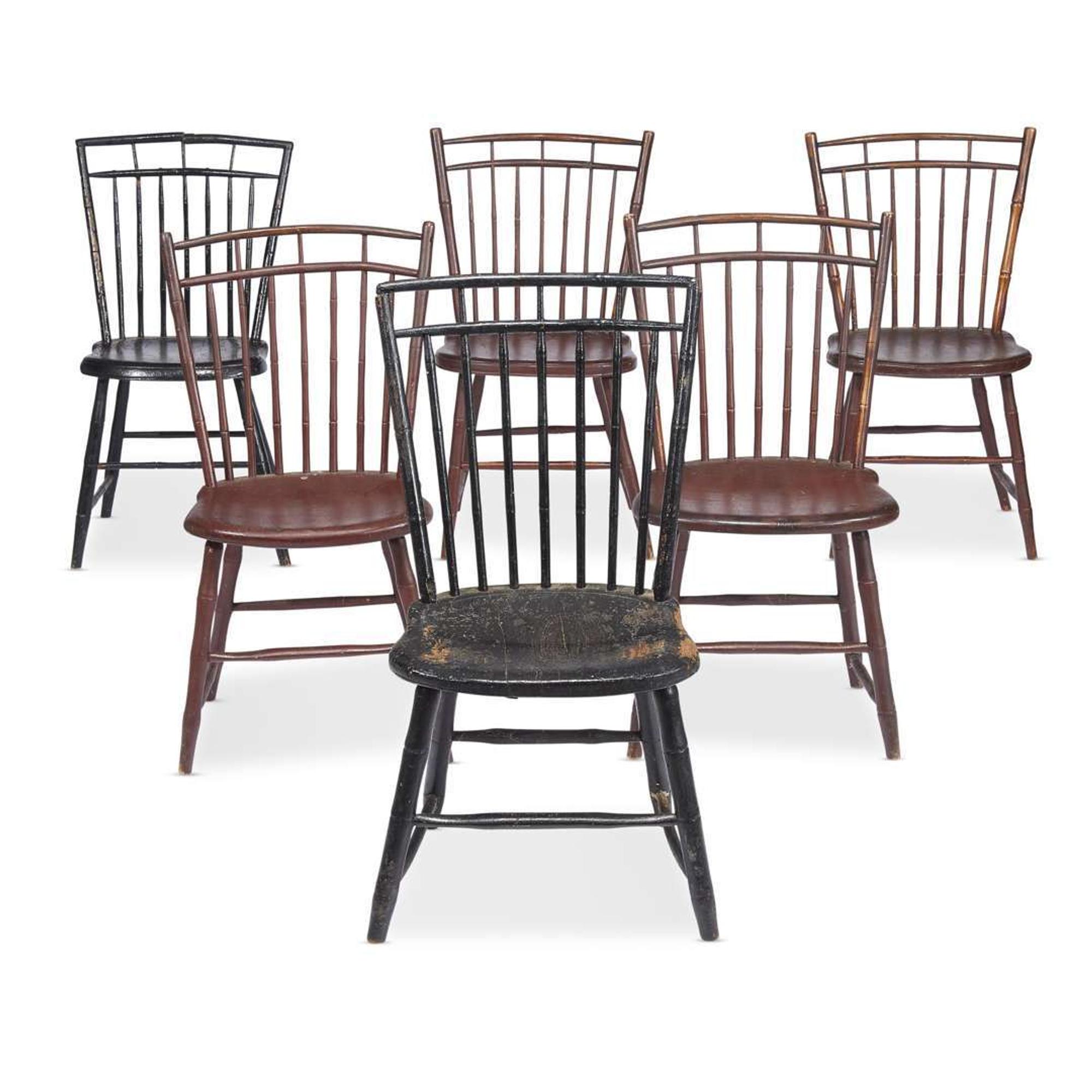 Group of six faux-bamboo turned Windsor side chairs circa 1810
