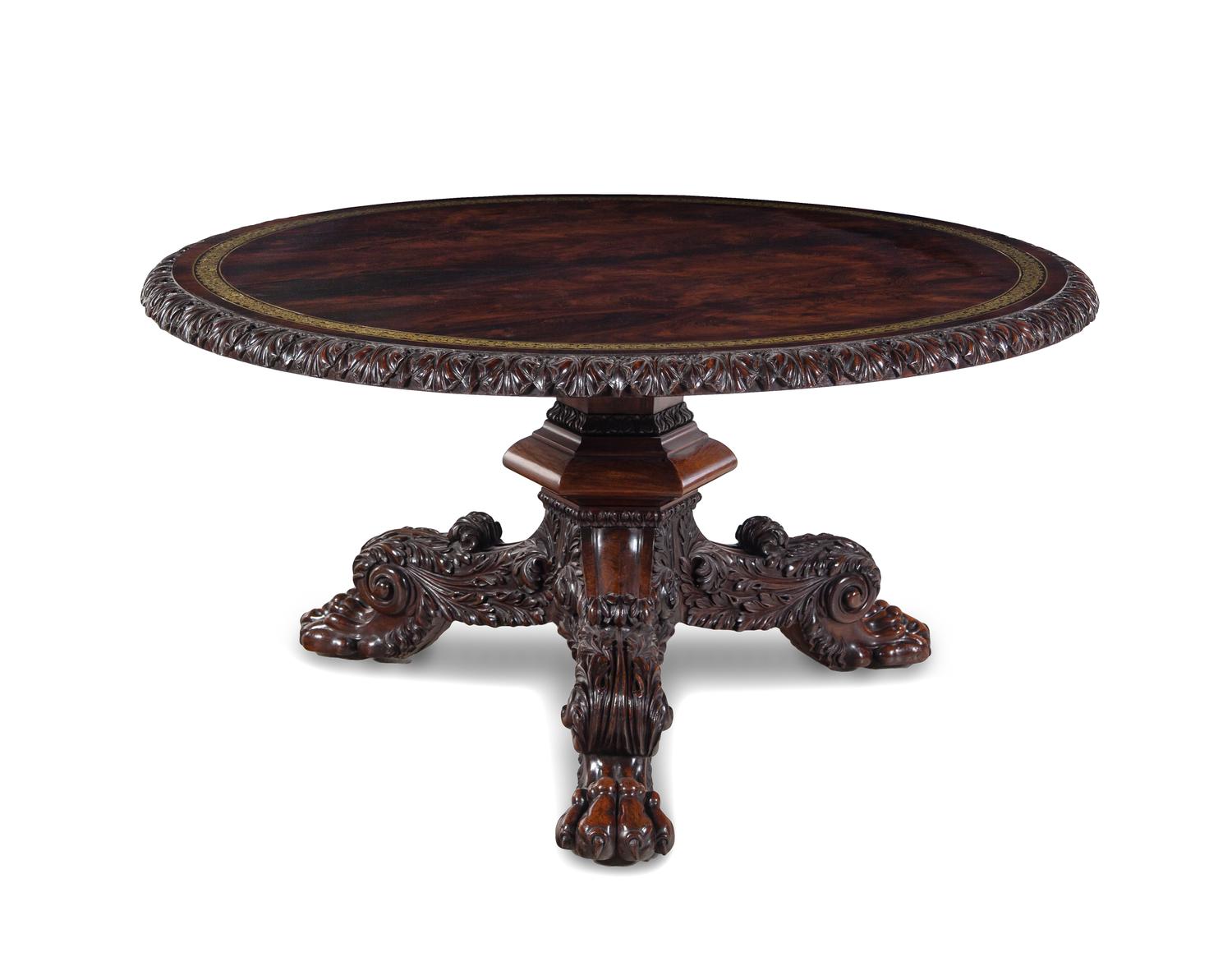 A George IV Brass Inlaid Rosewood and Walnut Flip-Top Dining Table