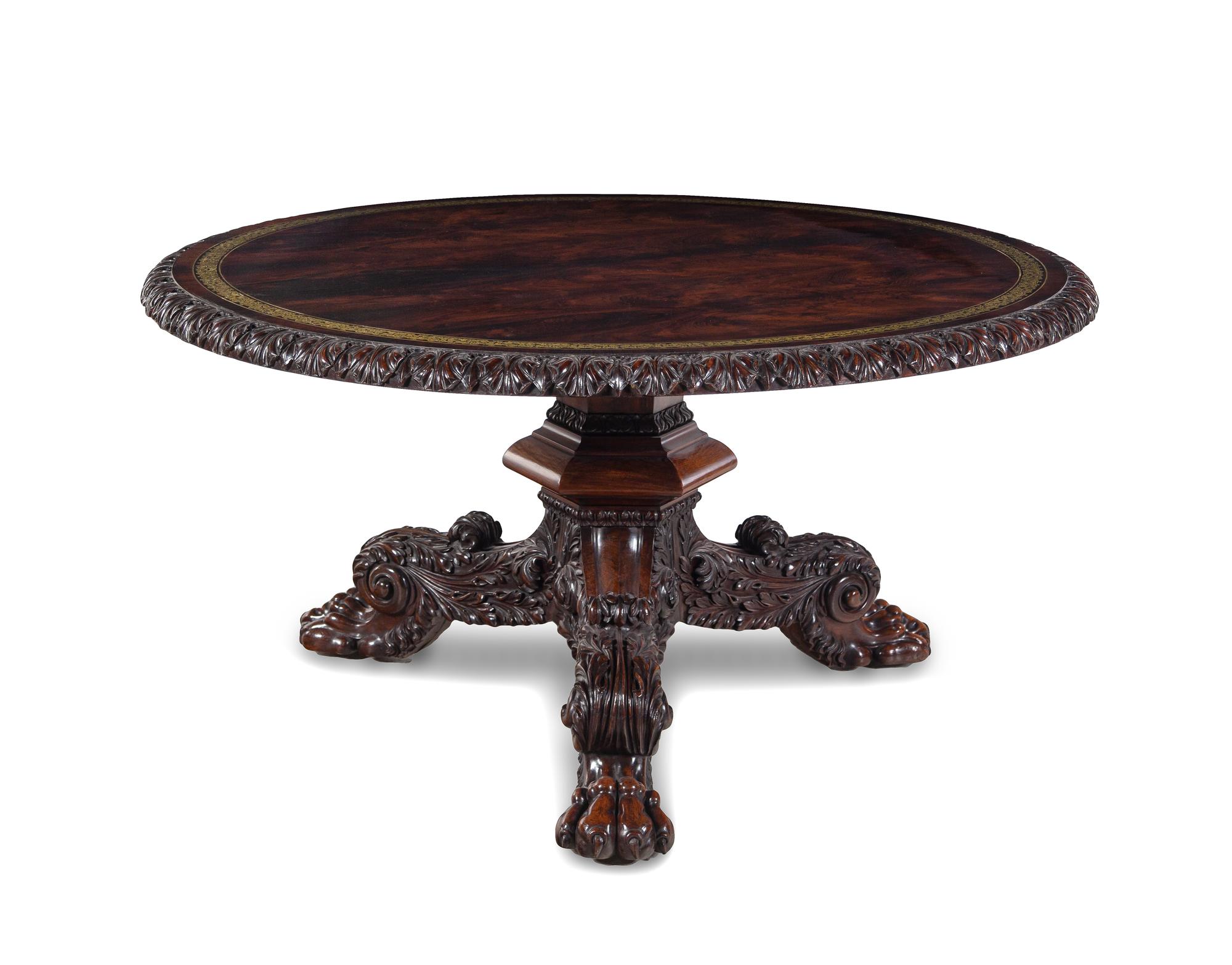 A George IV Brass Inlaid Rosewood and Walnut Flip-Top Dining Table